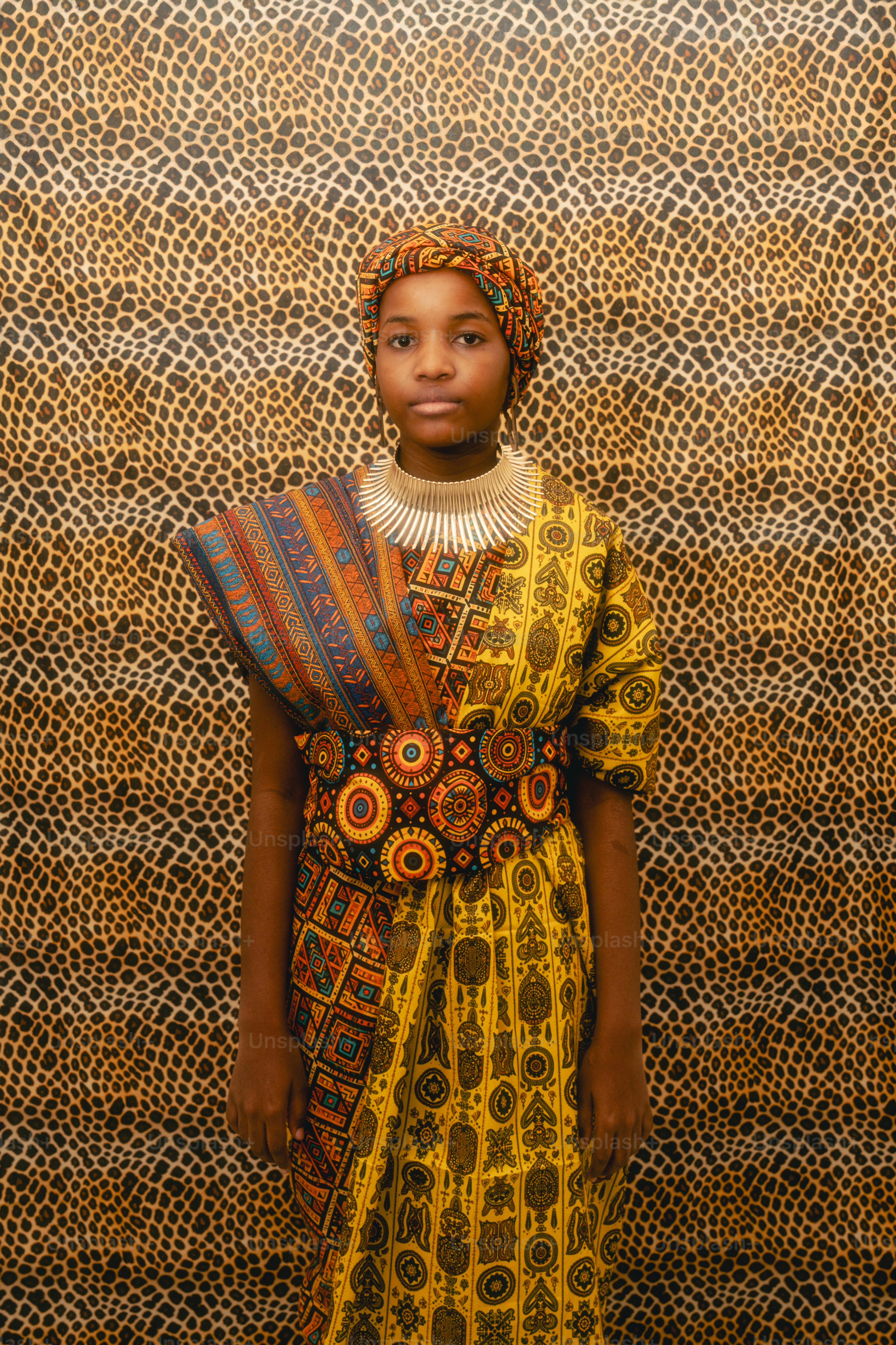 Young girl in traditional african attire against patterned background