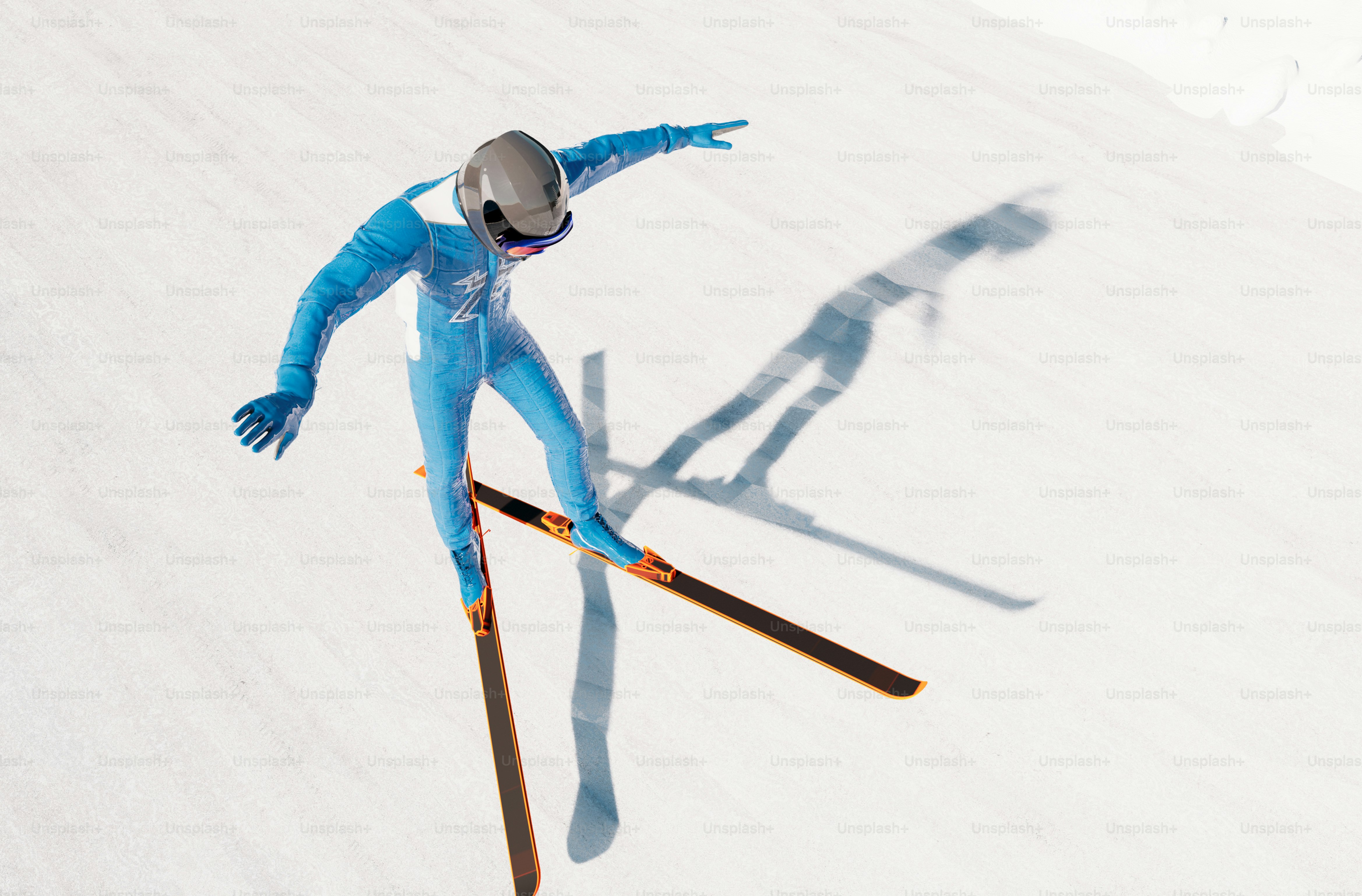 Ski jumper in mid-air against a snowy background