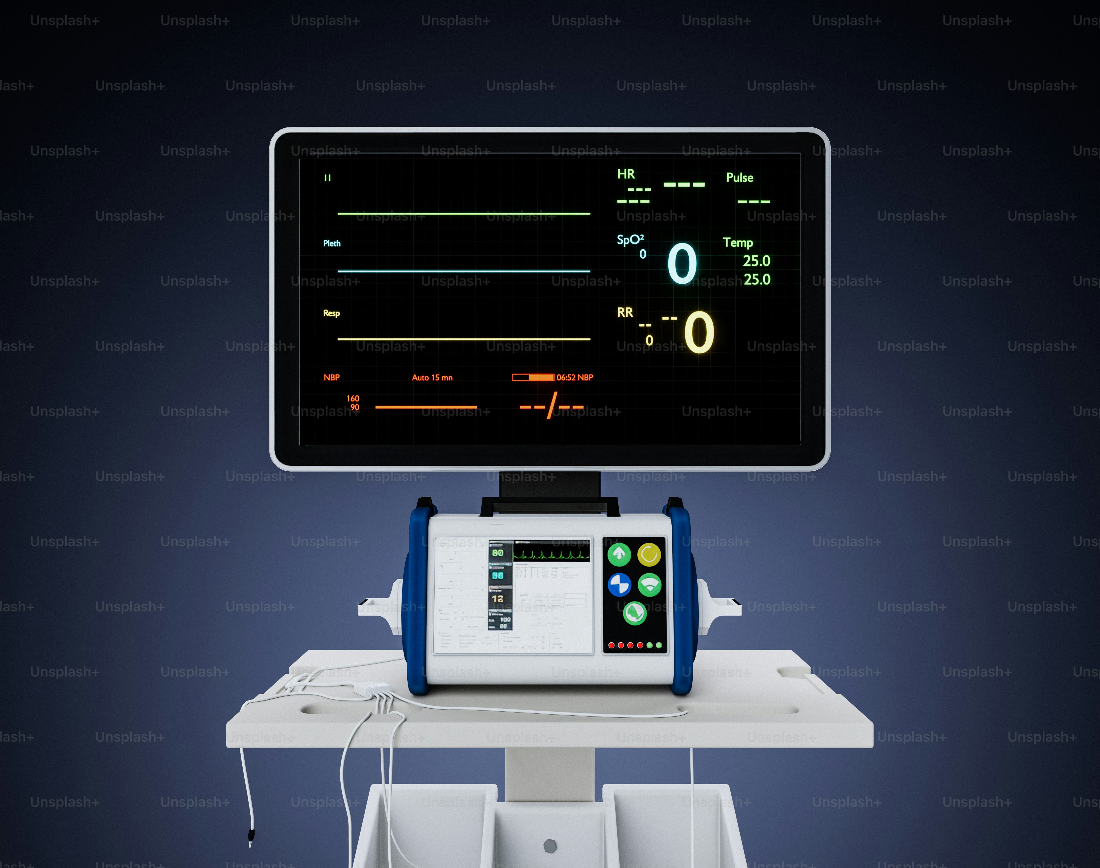 A modern medical monitor displaying vital signs