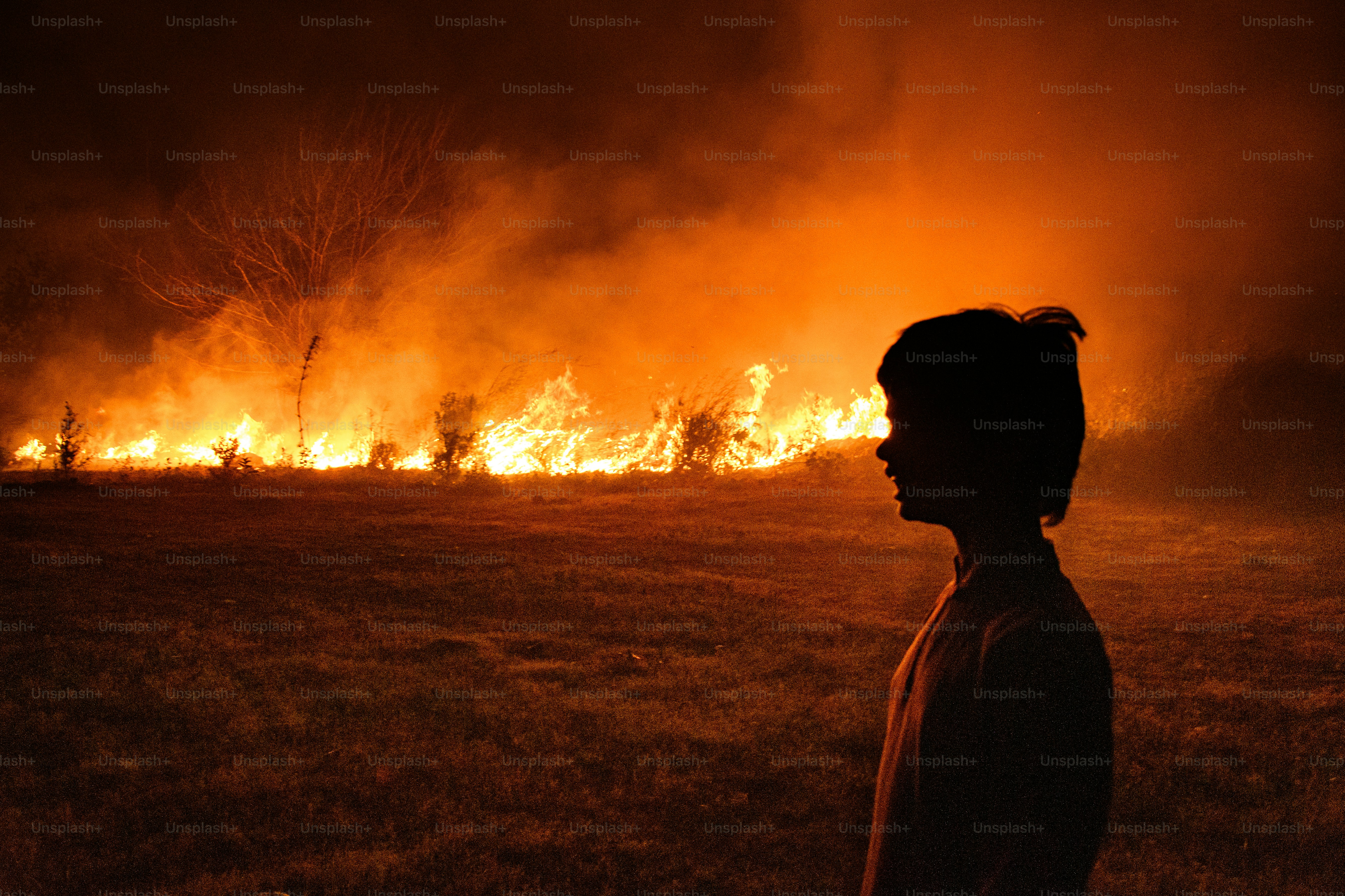 Silhouette of a person watching a field fire at night