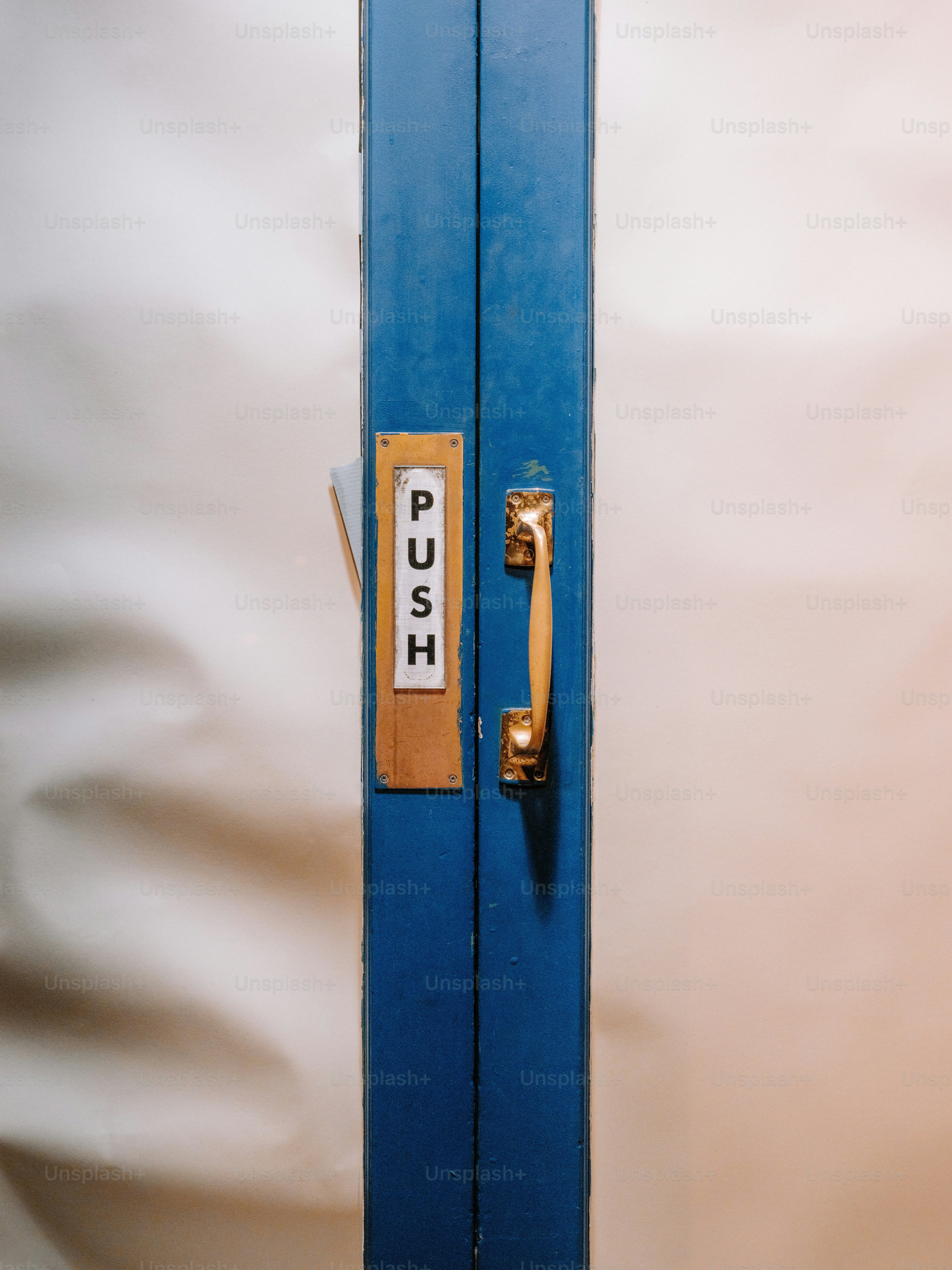 A blue door with a brass handle and push plate.