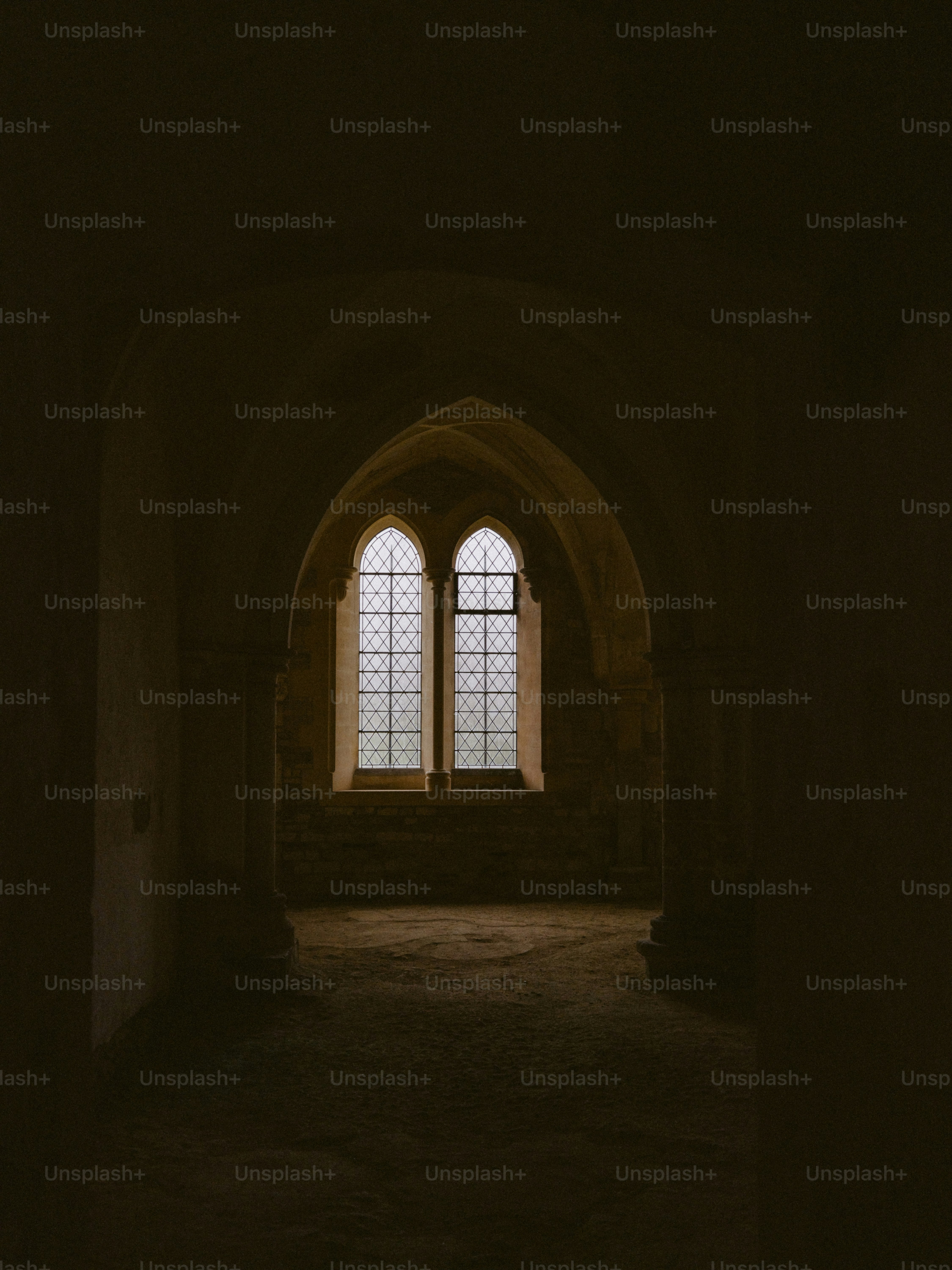 Arched window in a dark, ancient hallway