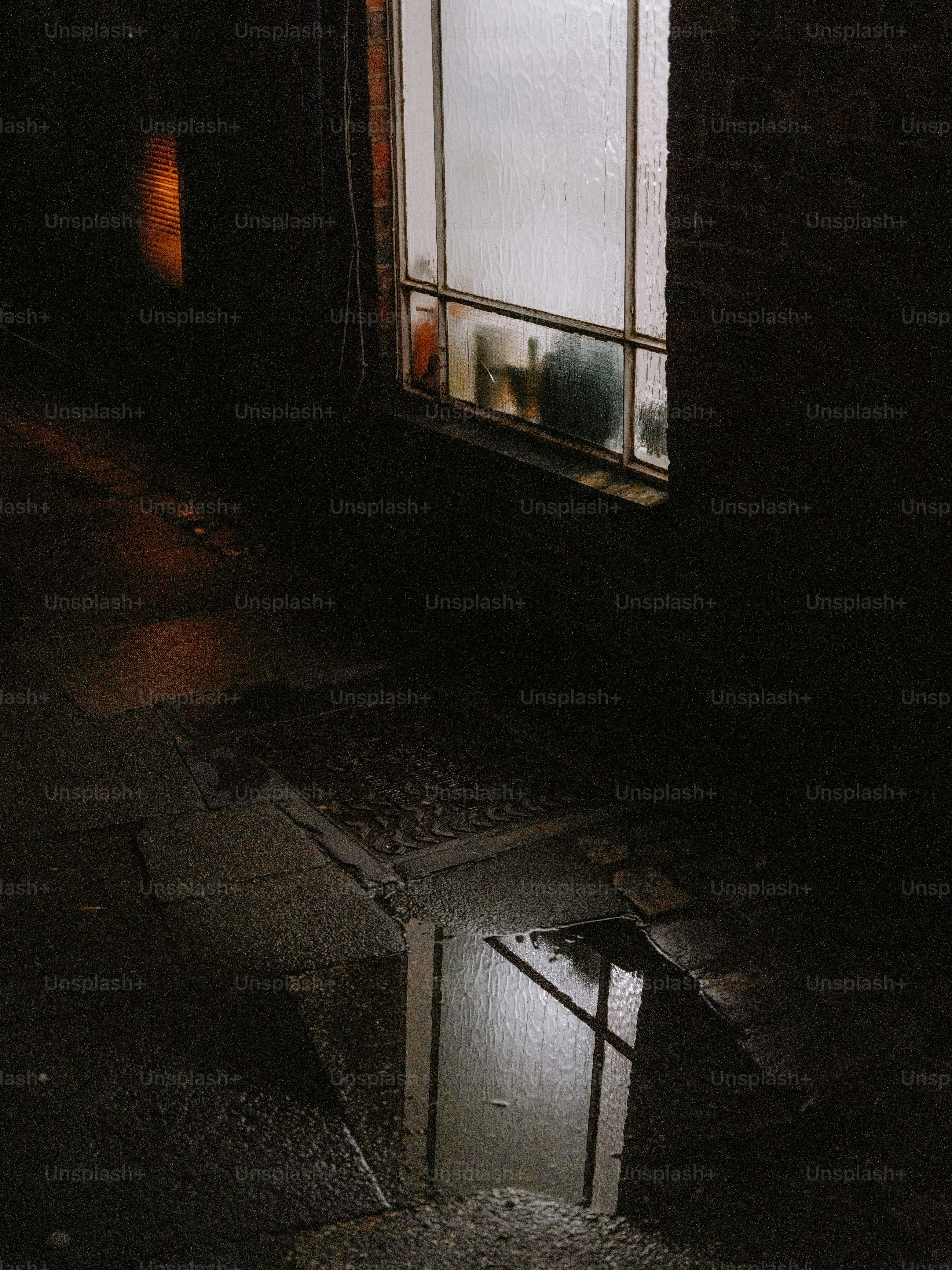 Rainy alleyway with reflections in puddles at night