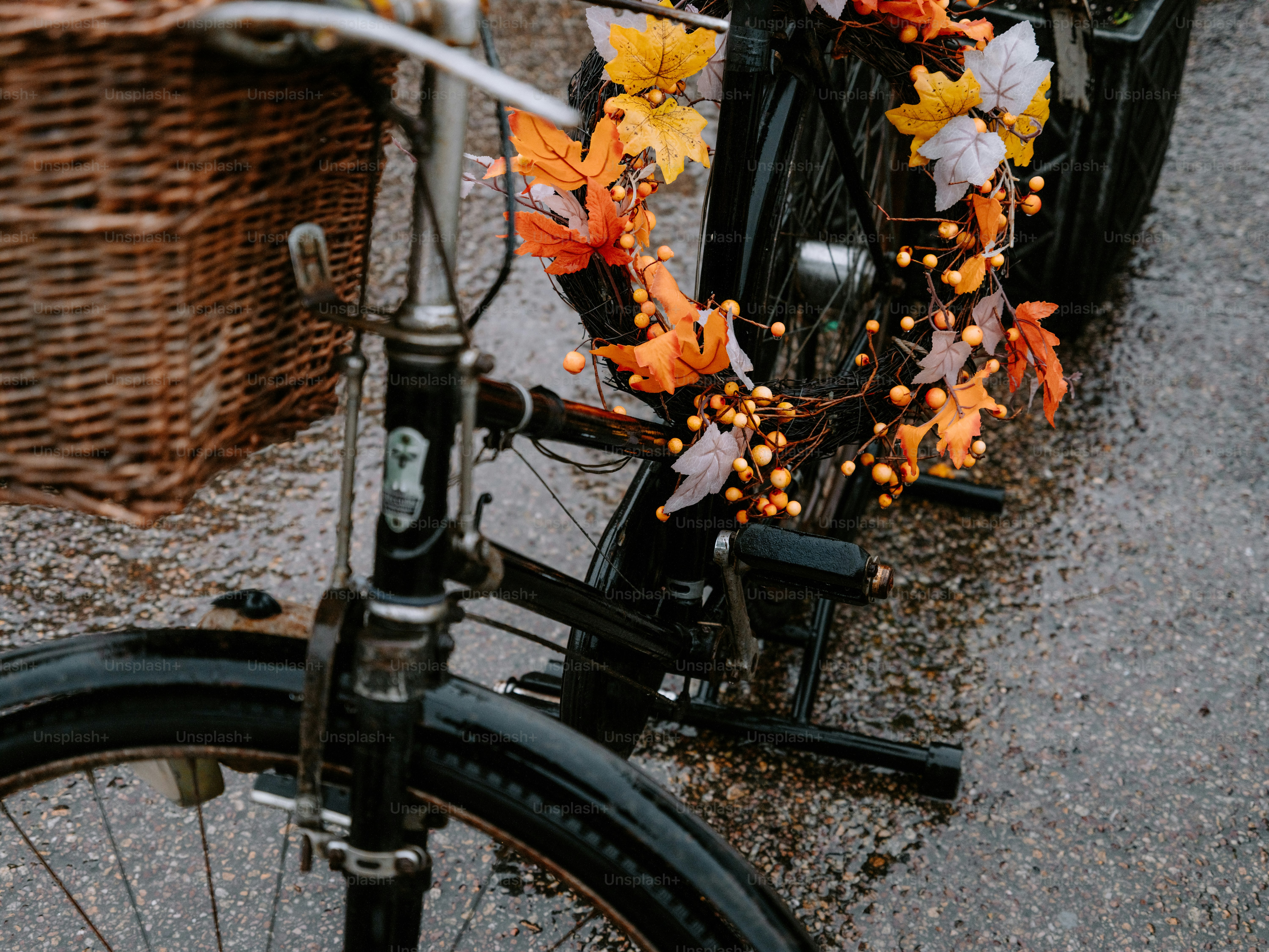 Bicycle decorated with autumn leaves and lights
