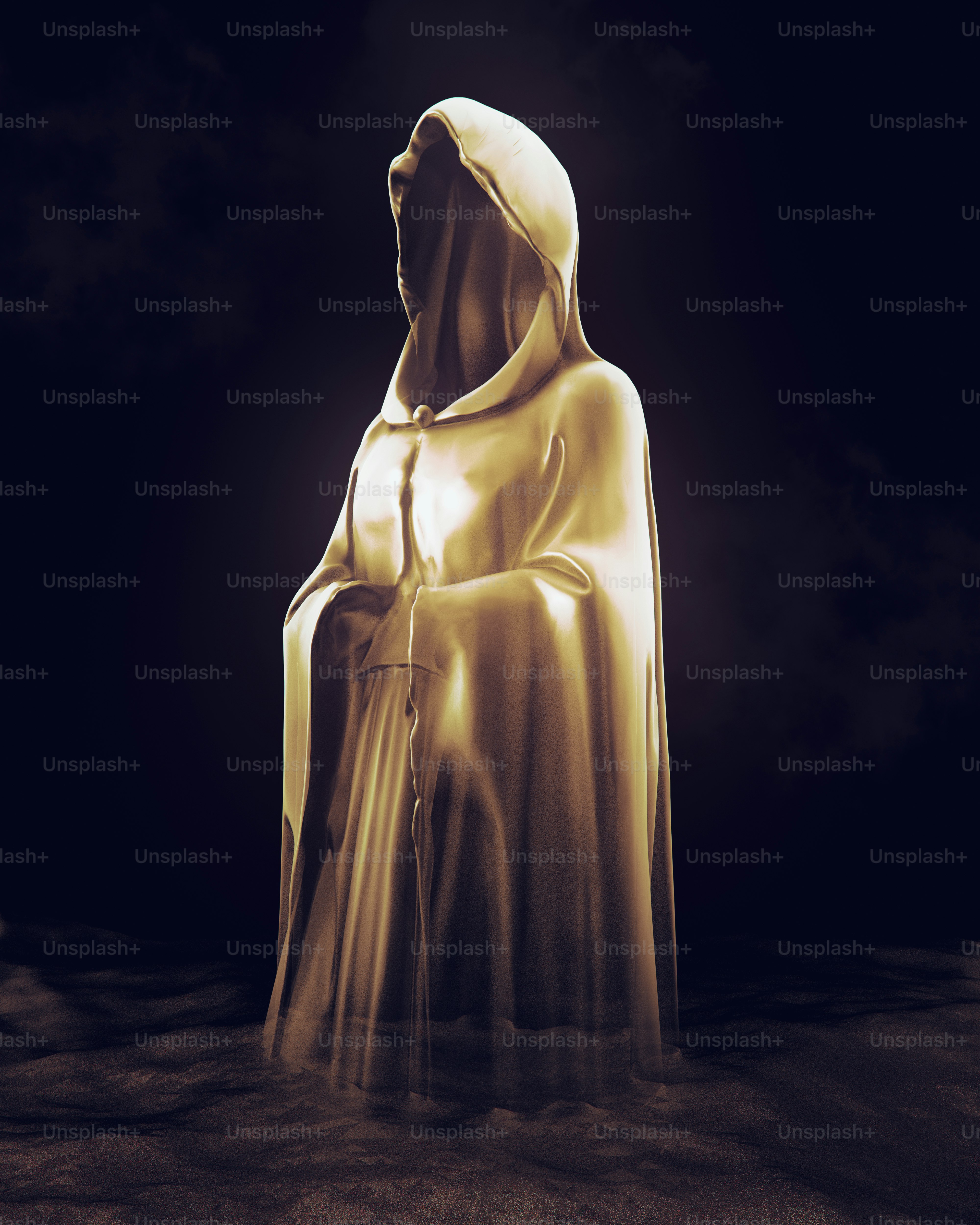A golden hooded figure shrouded in darkness