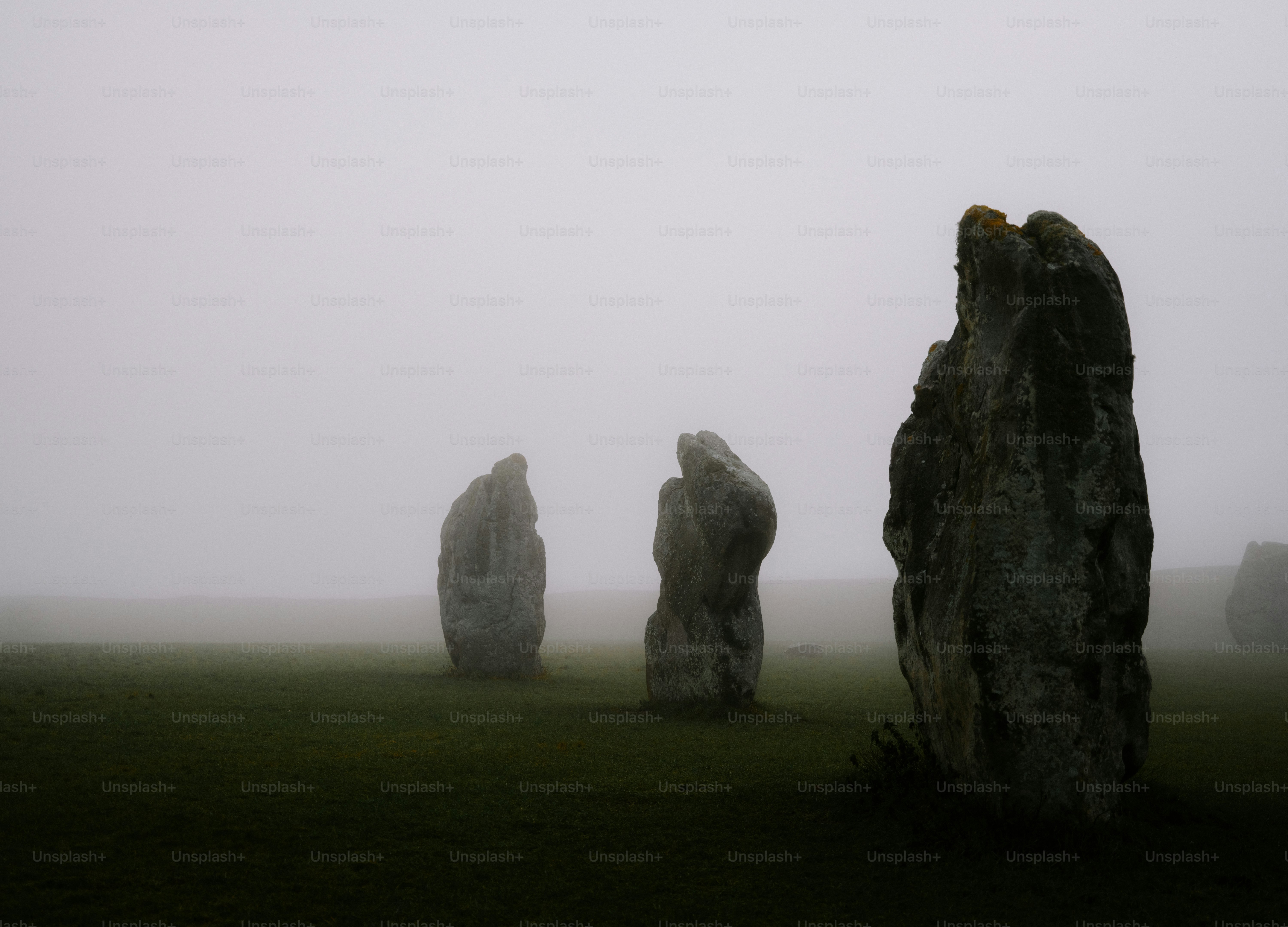 Standing stones in a foggy field at dawn.