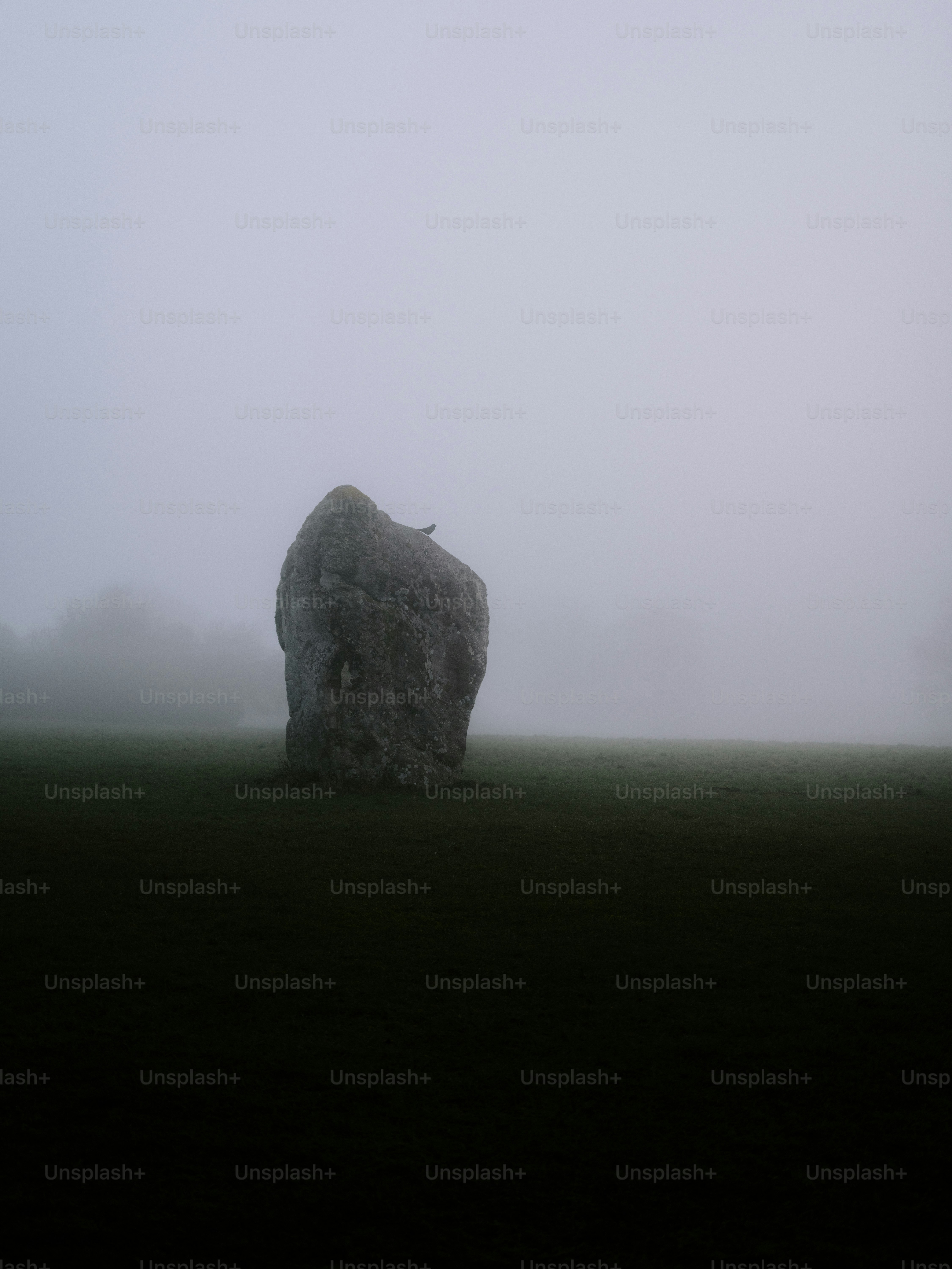 A single standing stone in a foggy field.