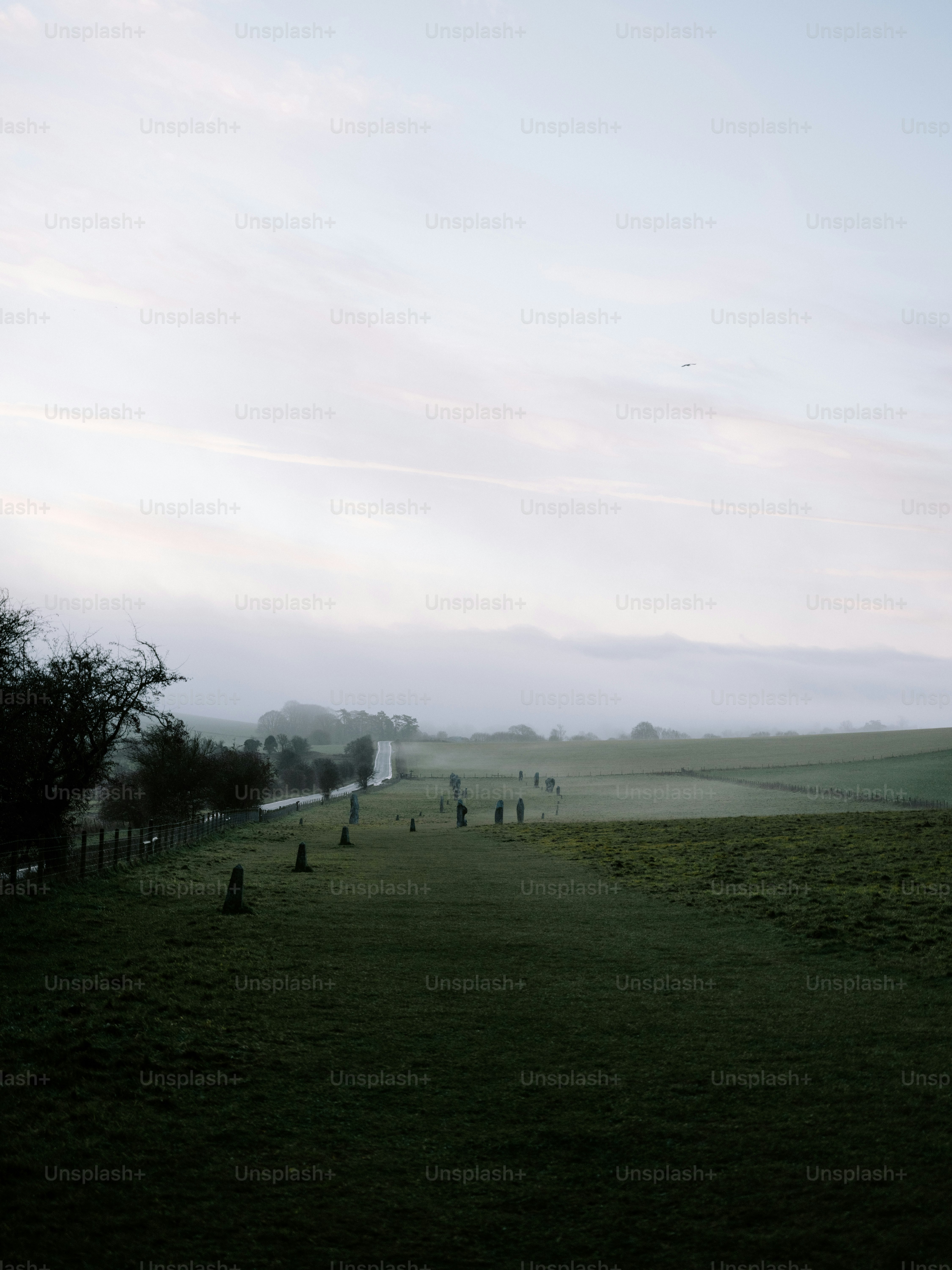 Misty morning over a field with ancient standing stones.