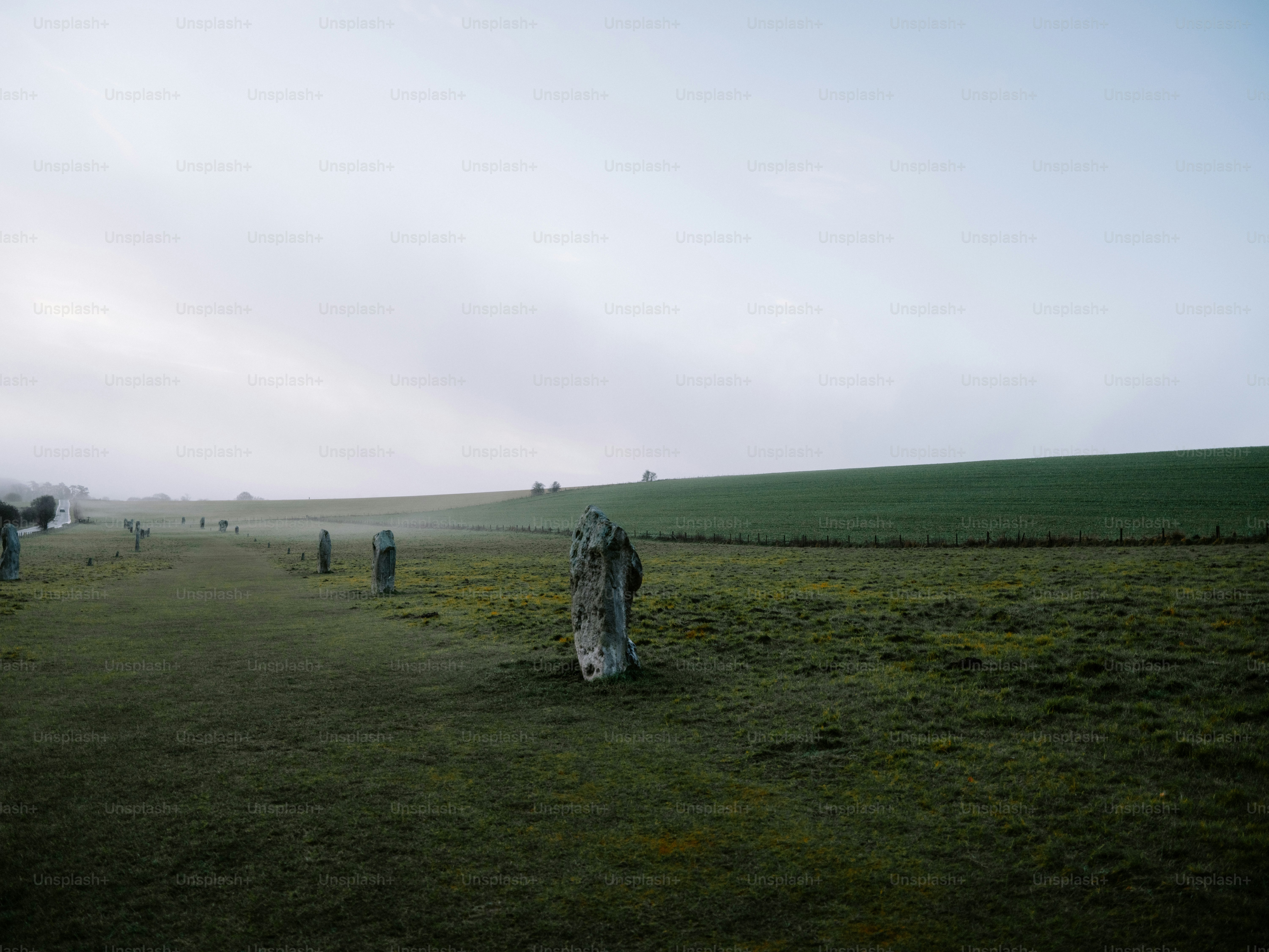 Megalithic standing stones in a misty field at dawn.