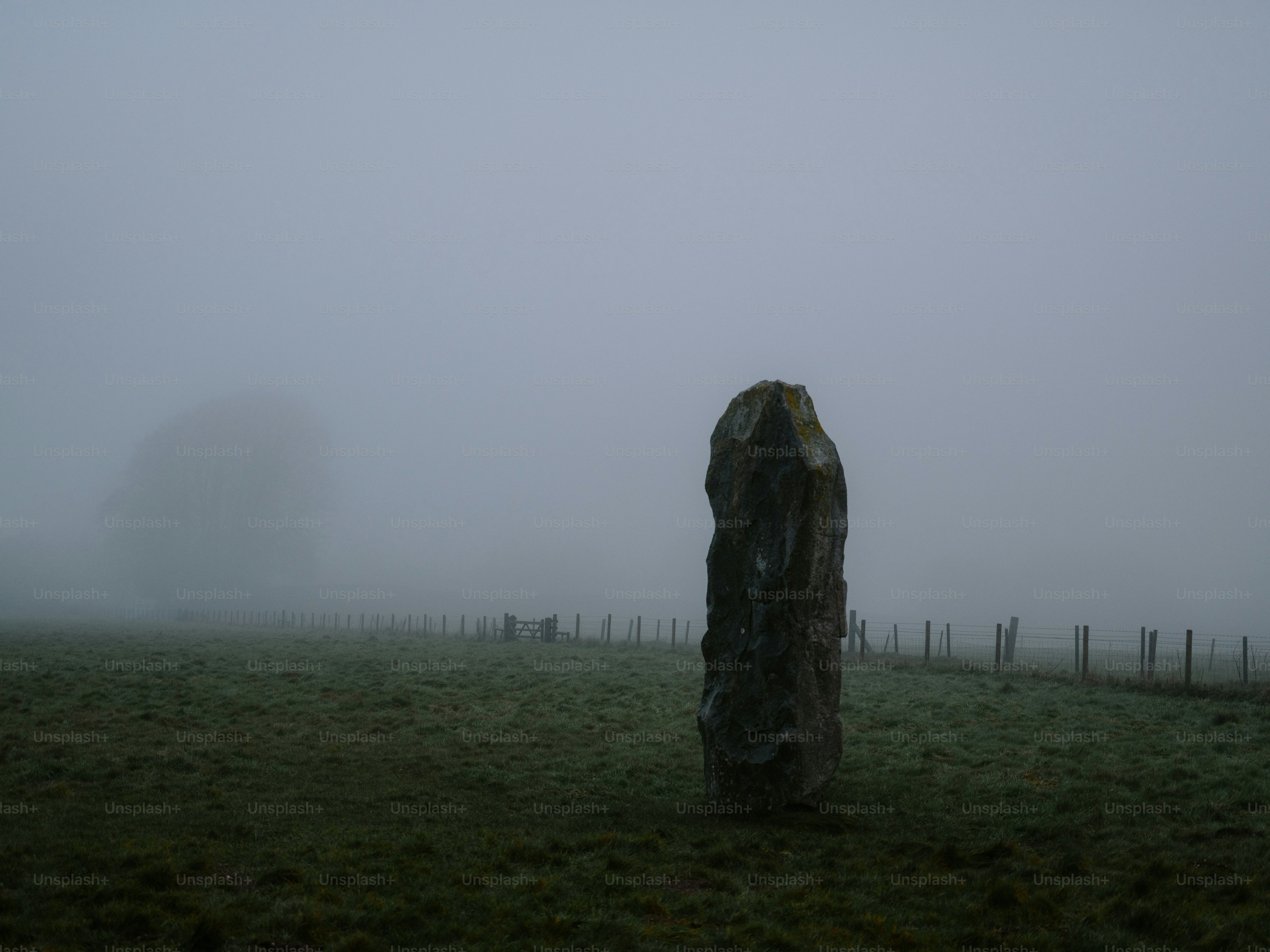 Megalithic standing stone in a foggy field