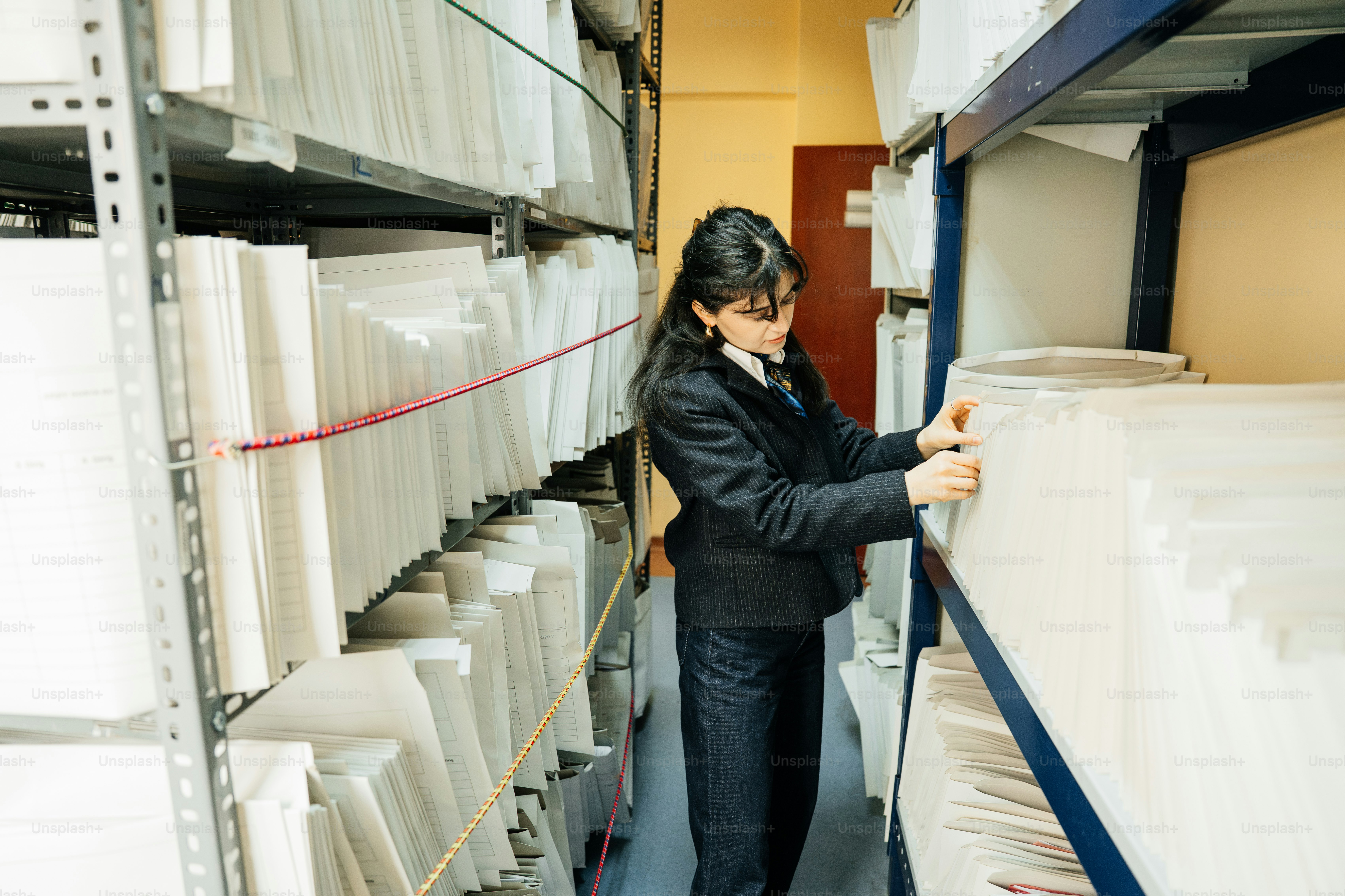 Archivist organizing files on shelves in a storage room photo ...