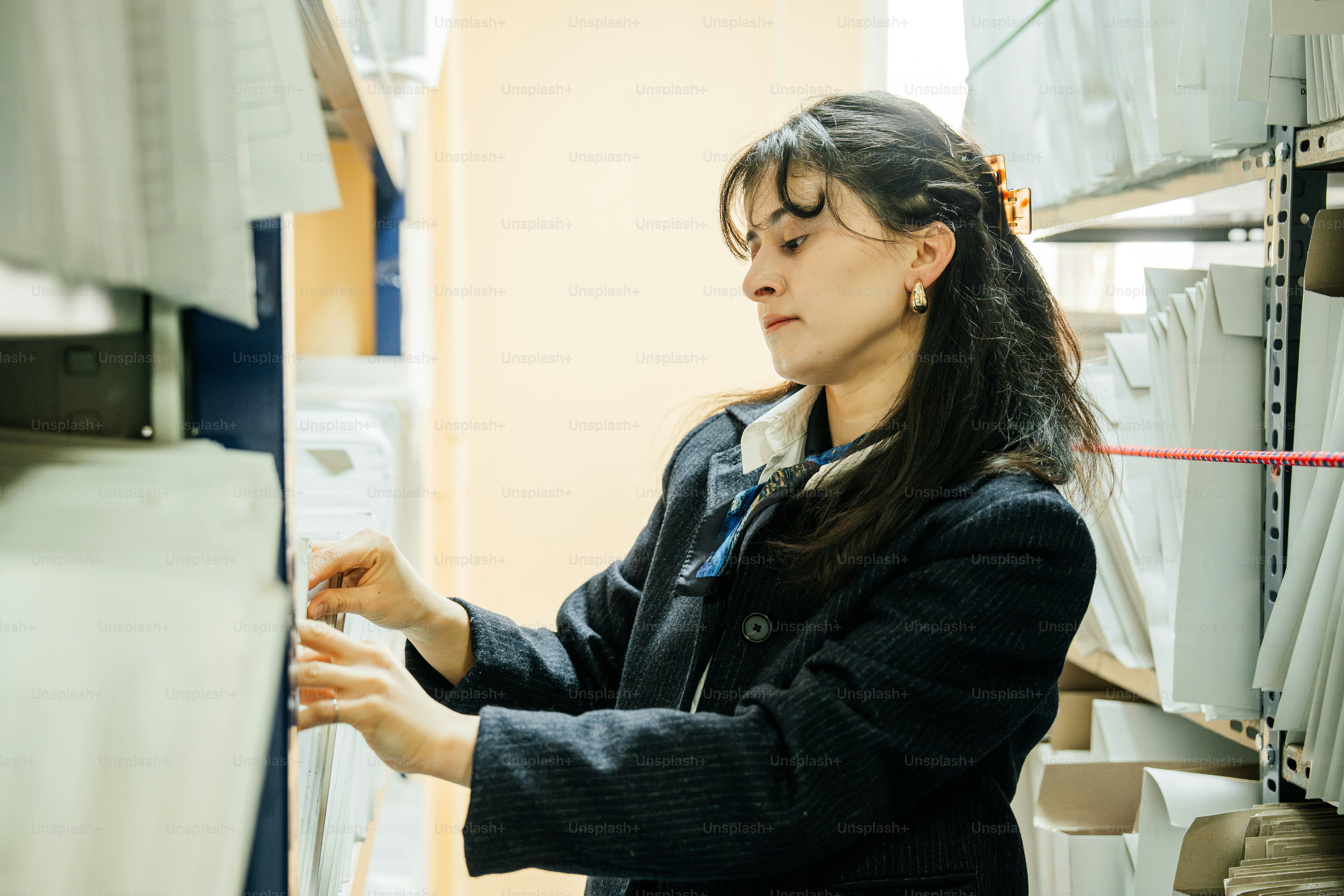 Woman looking through files in a storage room.