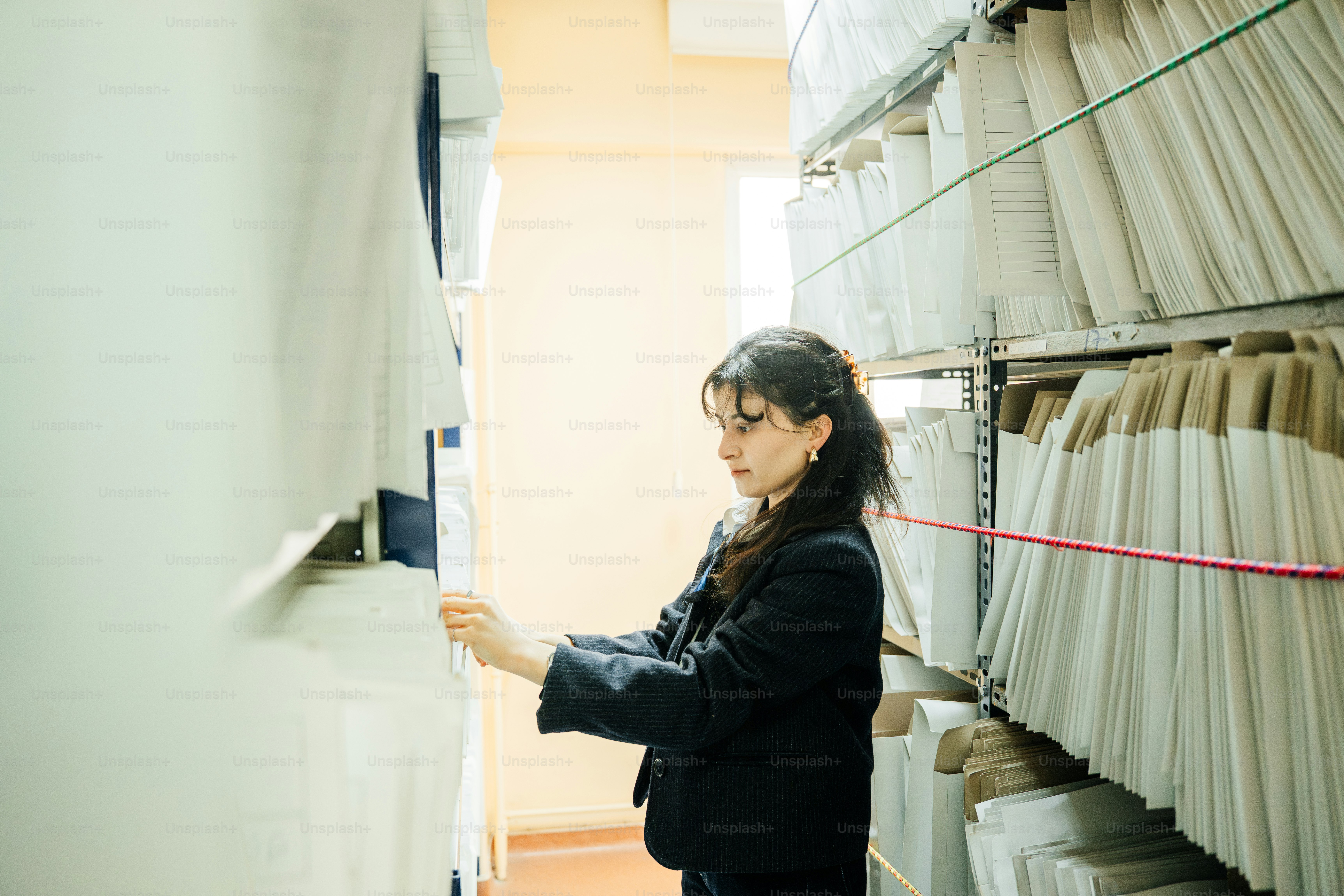 Woman looking through files in a large archive