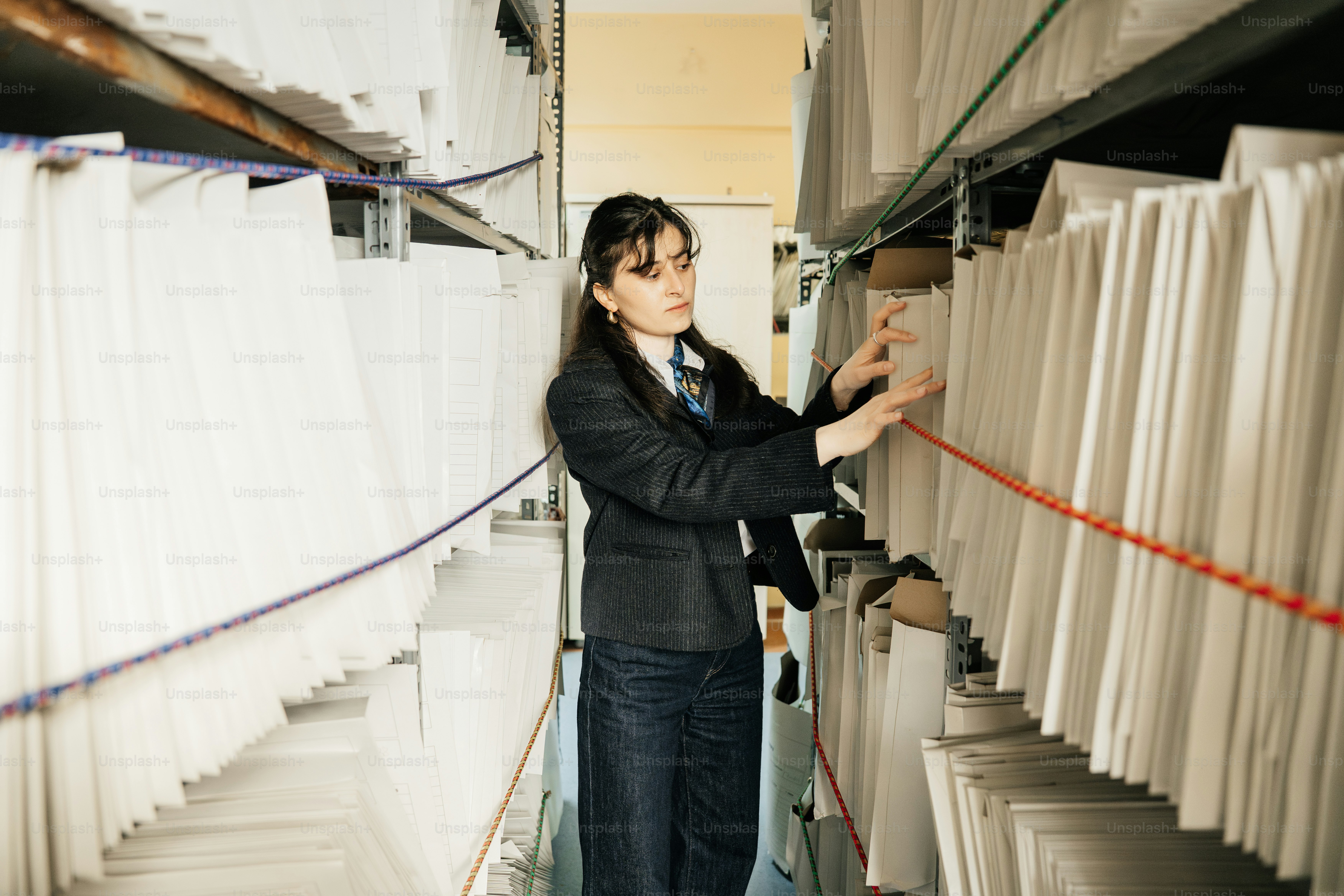 Woman searching through files in a large archive.