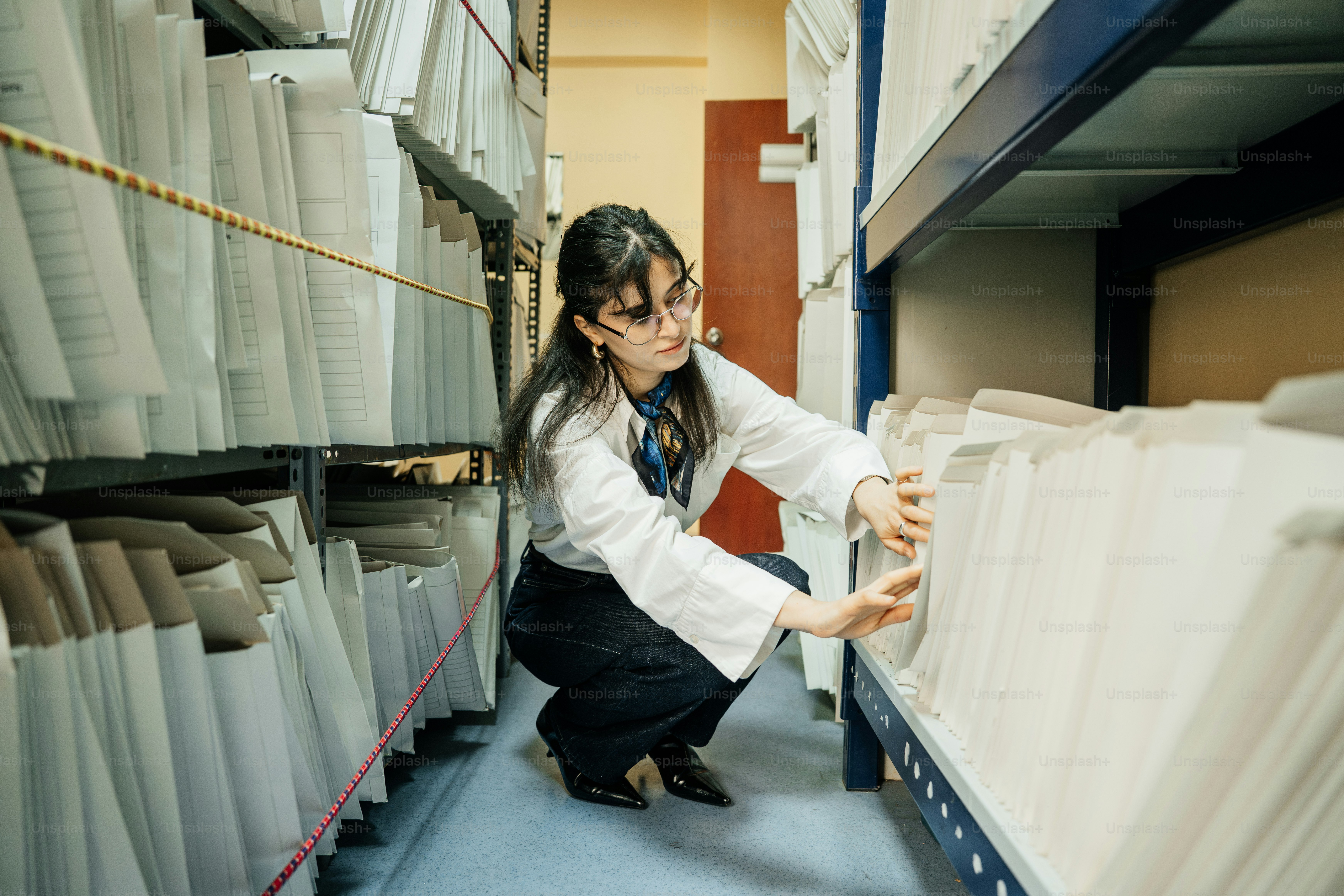 Woman searching through files in a large archive