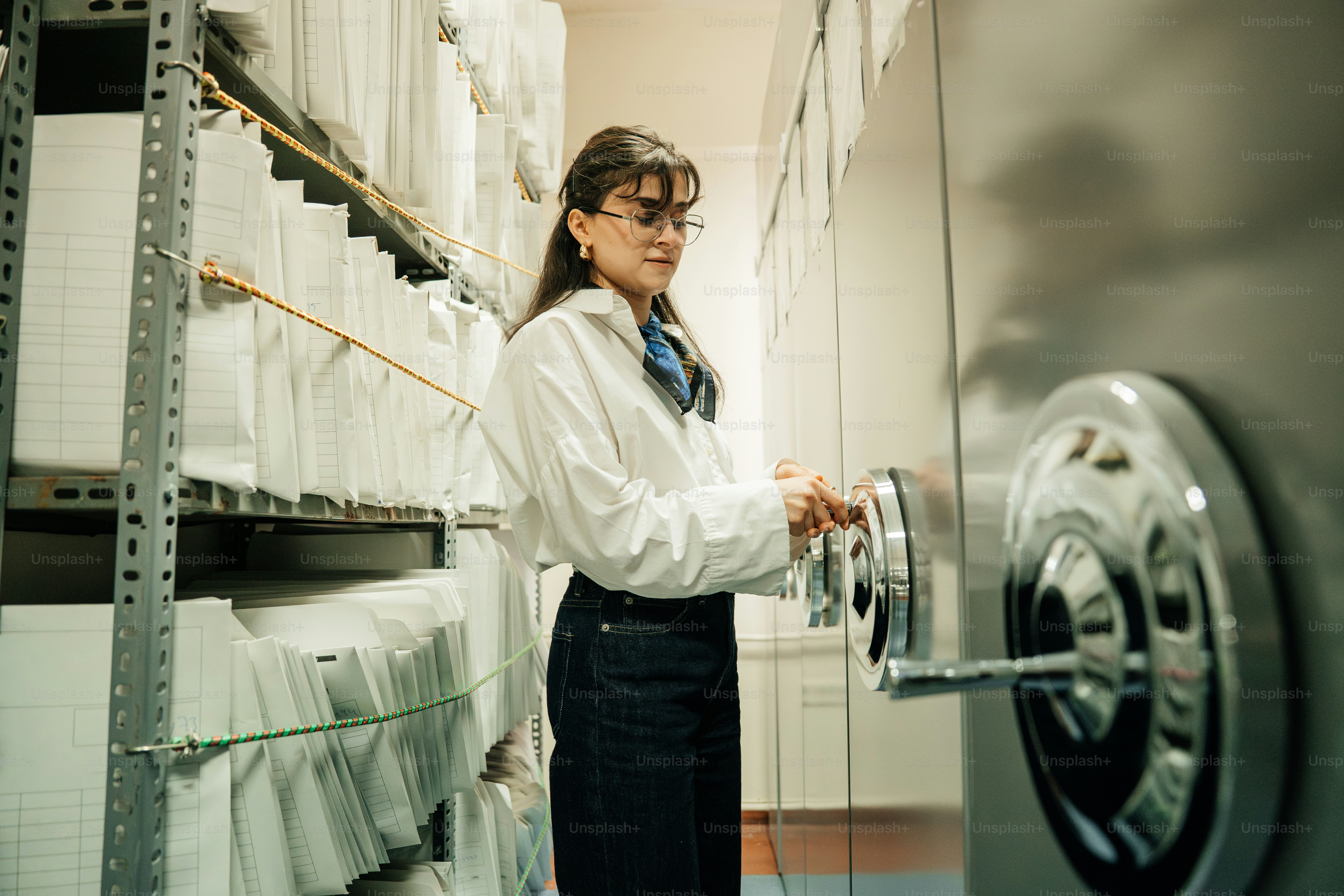 Woman opening a vault door in a storage room