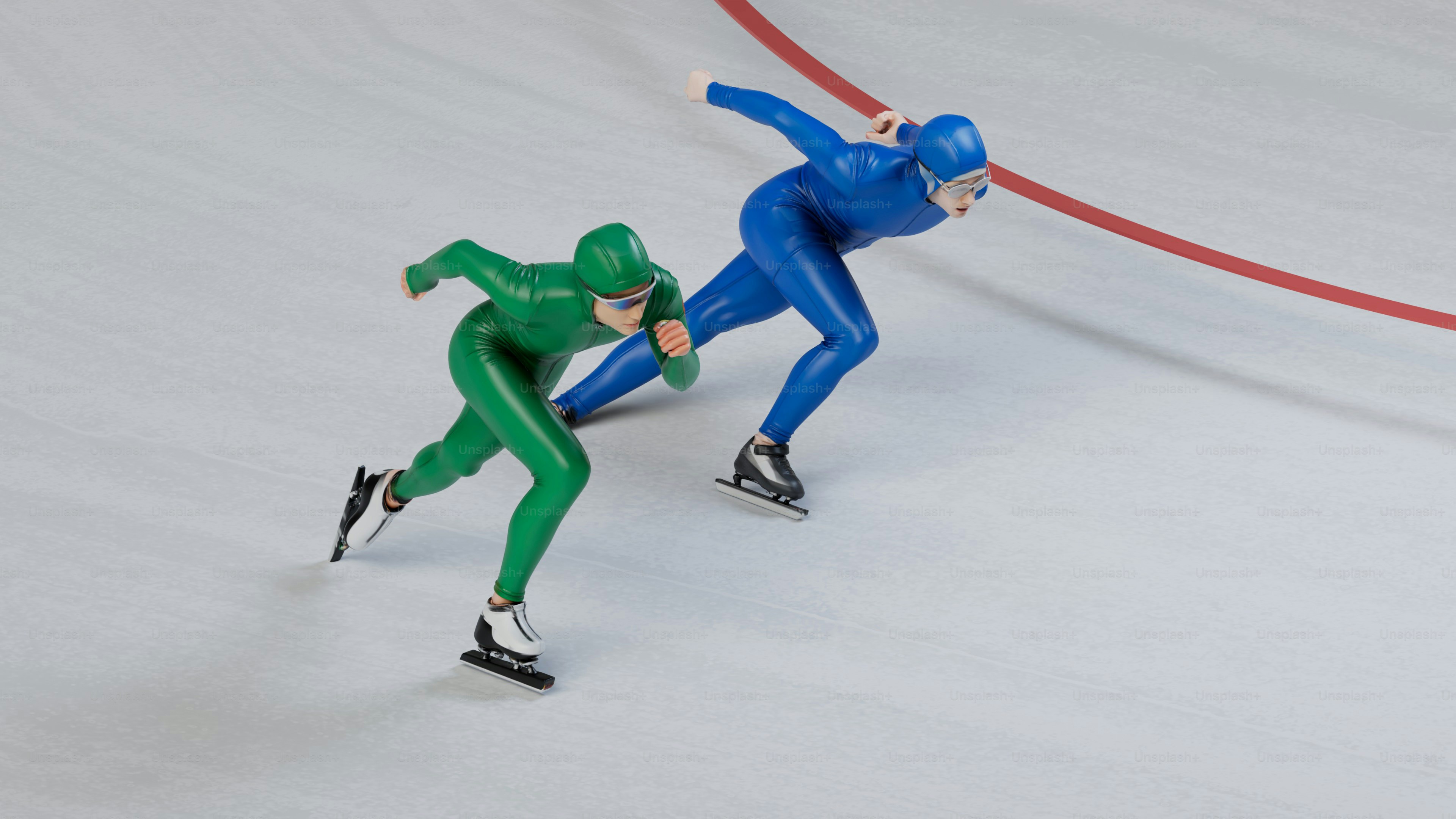 Two speed skaters in green and blue suits racing