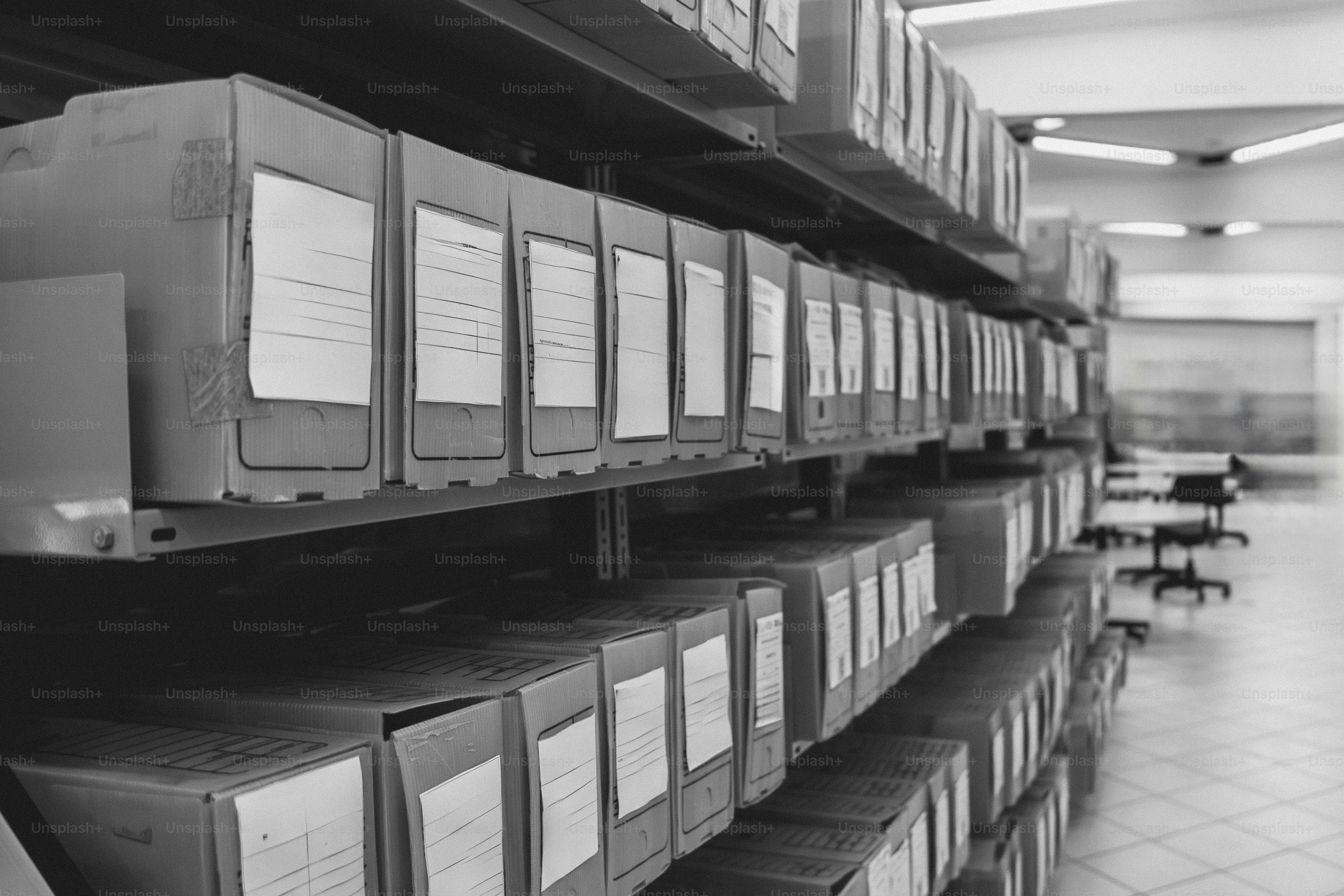 Rows of archive boxes on shelves in a library. photo – Warehouse Image ...