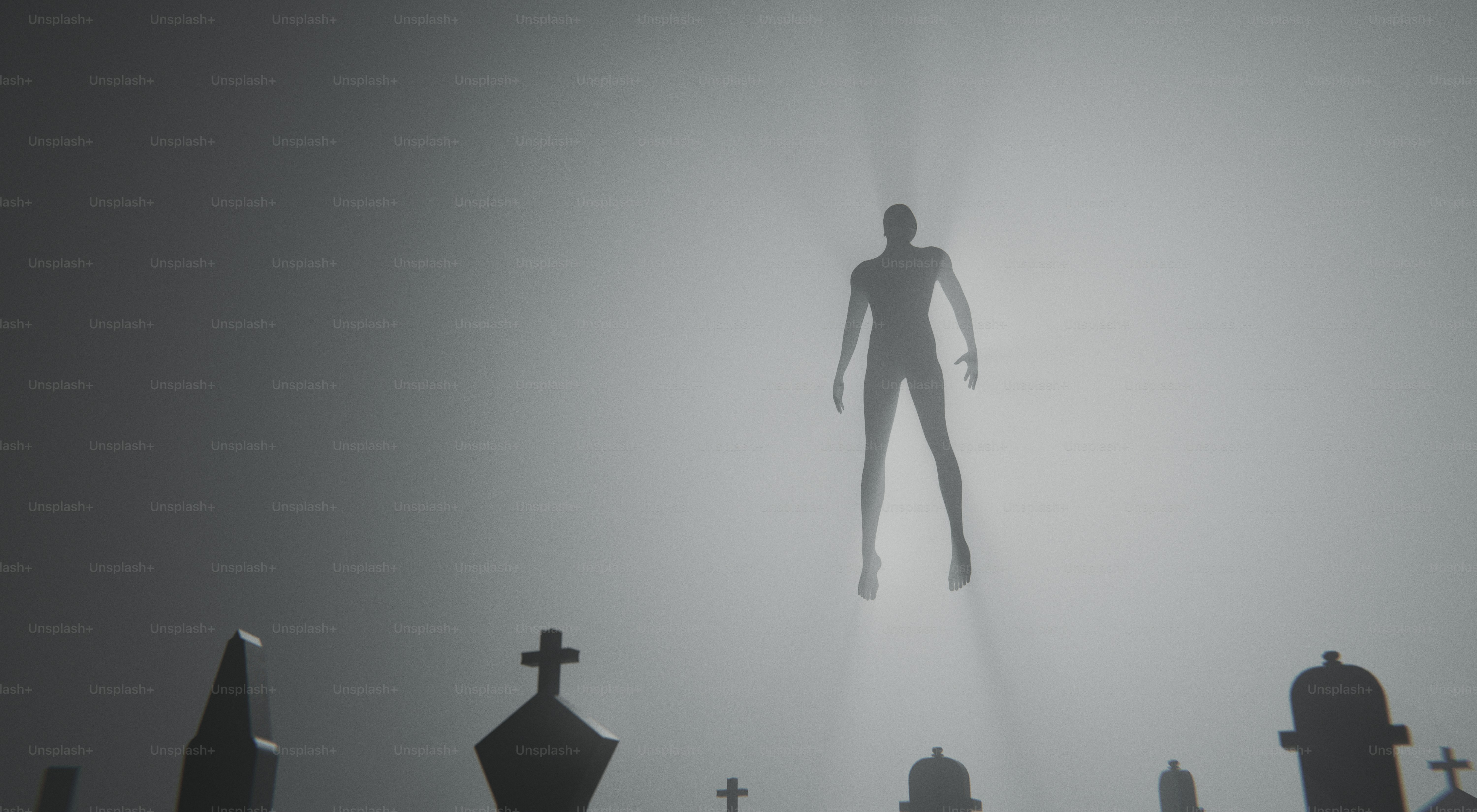 A silhouette of a person floating above tombstones