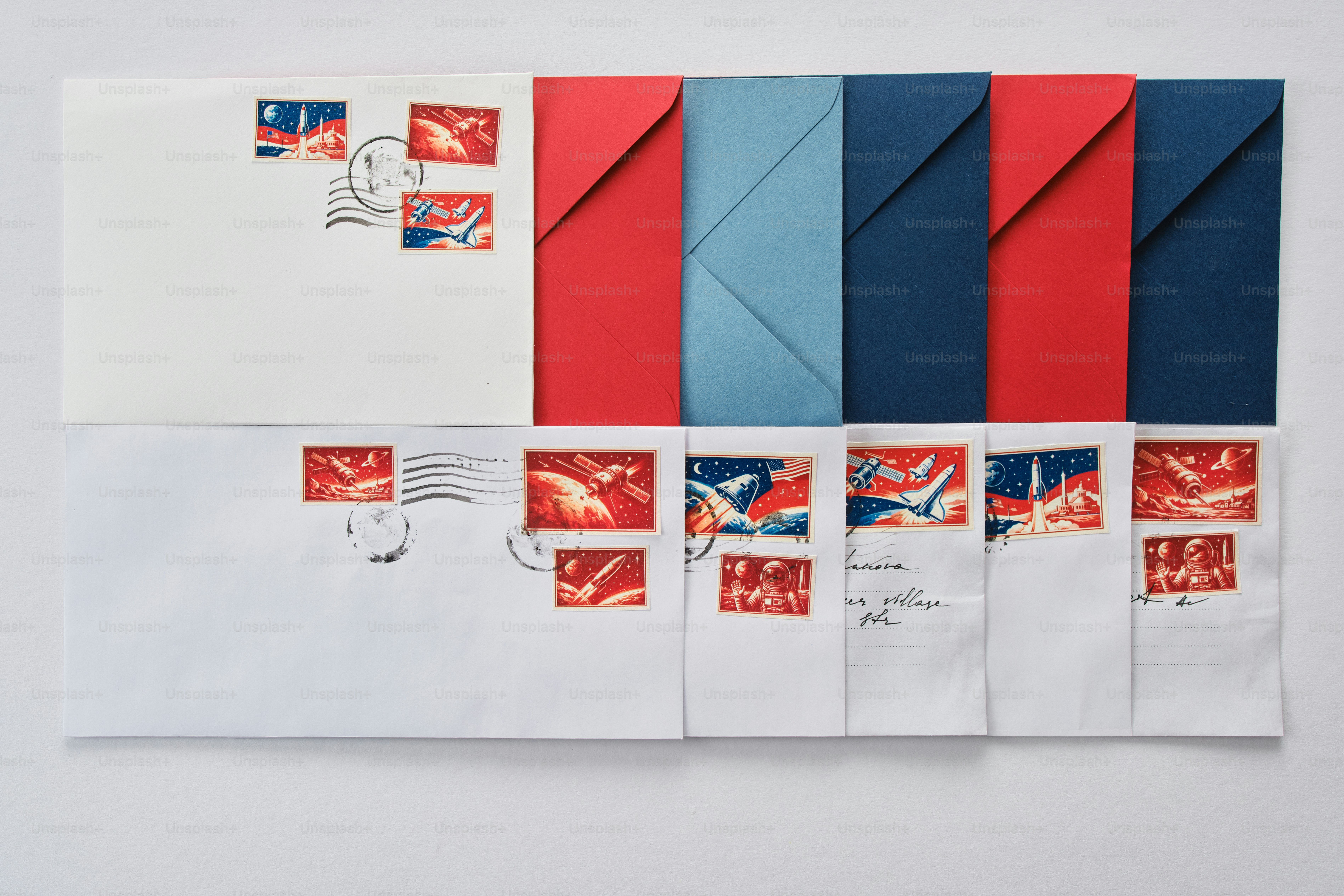 Buste con francobolli e alette colorate disposte su sfondo bianco