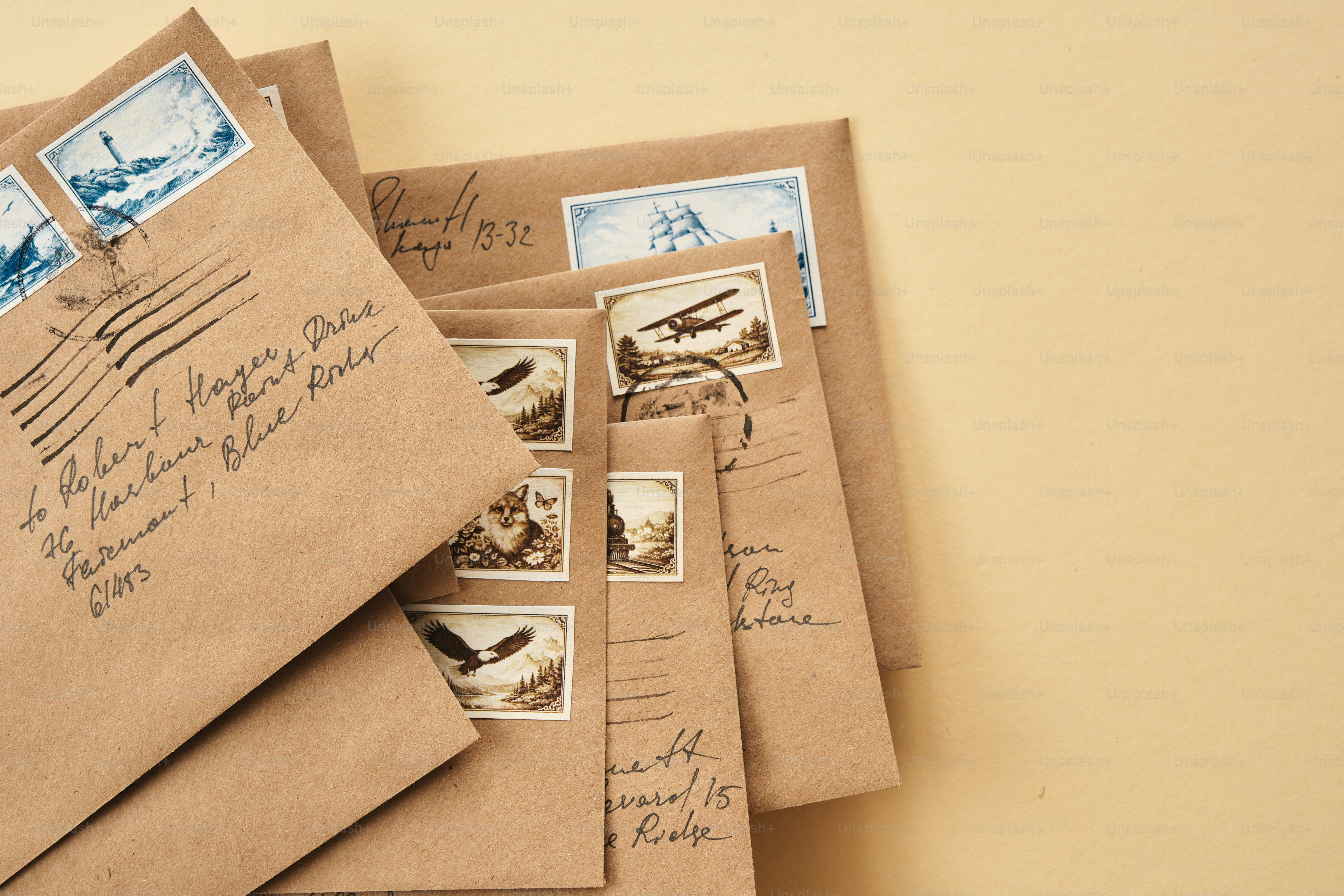 Several brown envelopes with stamps and addresses