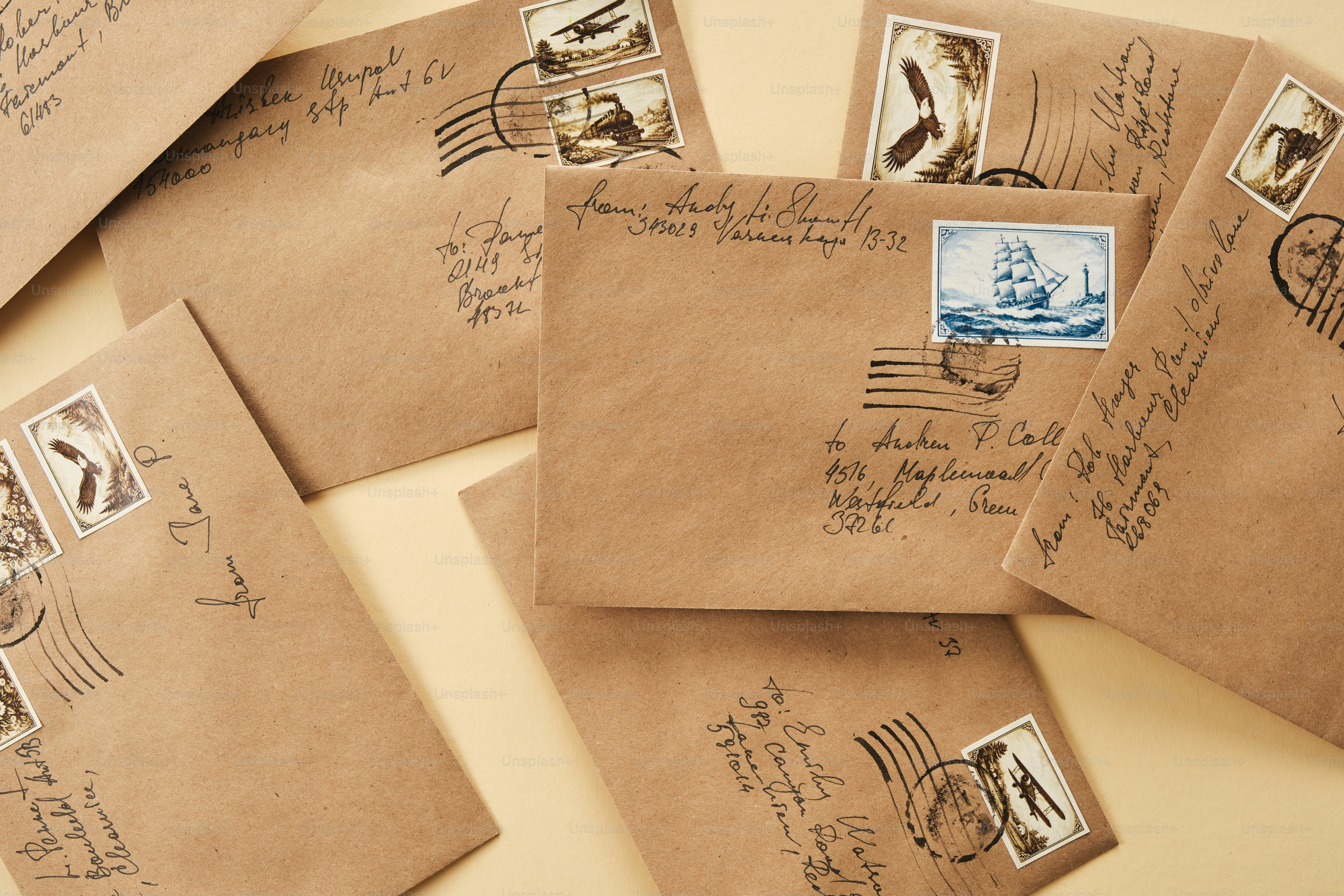 Several brown envelopes with stamps and addresses photo – Vintage Image ...