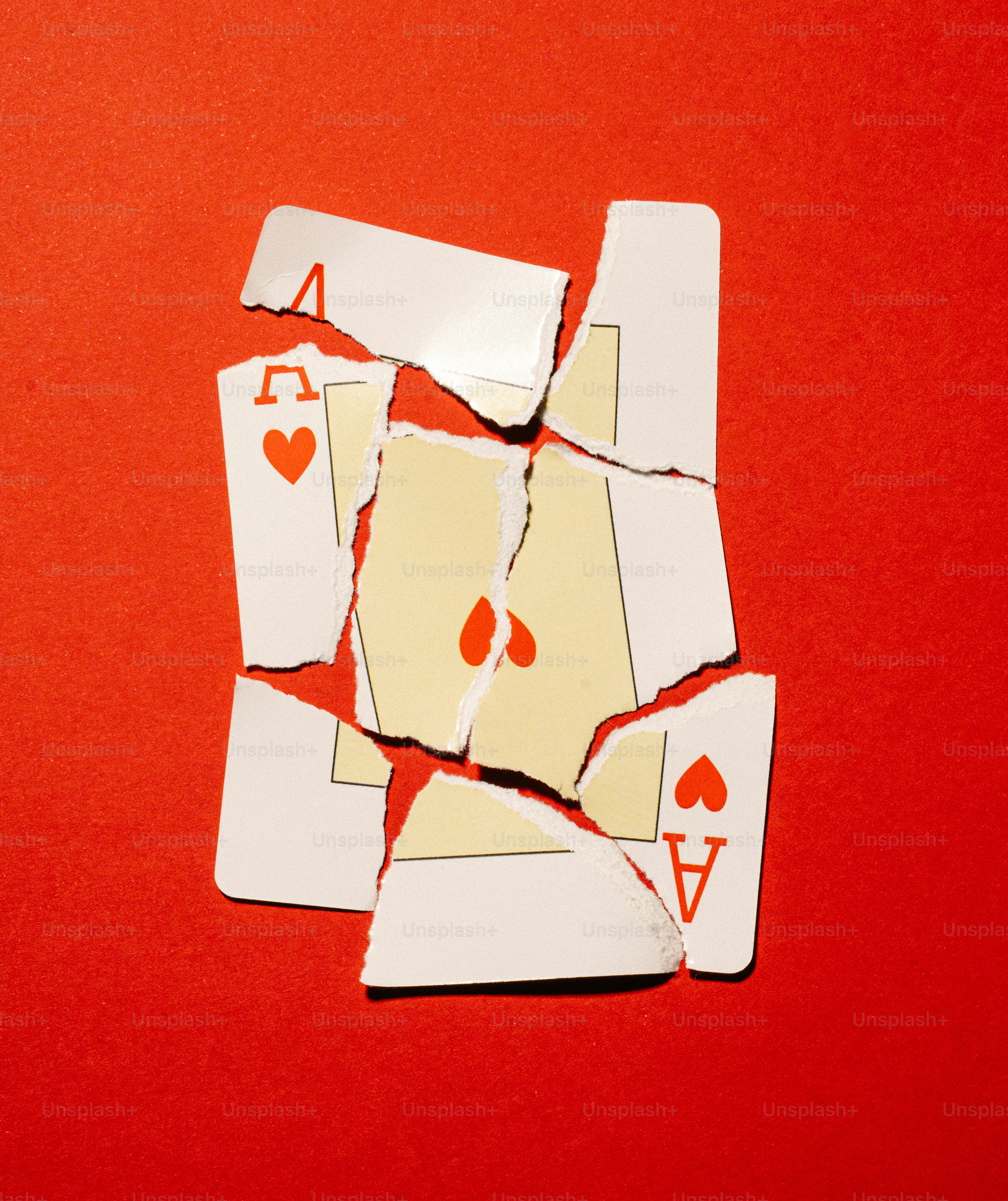 Torn playing cards on a red background
