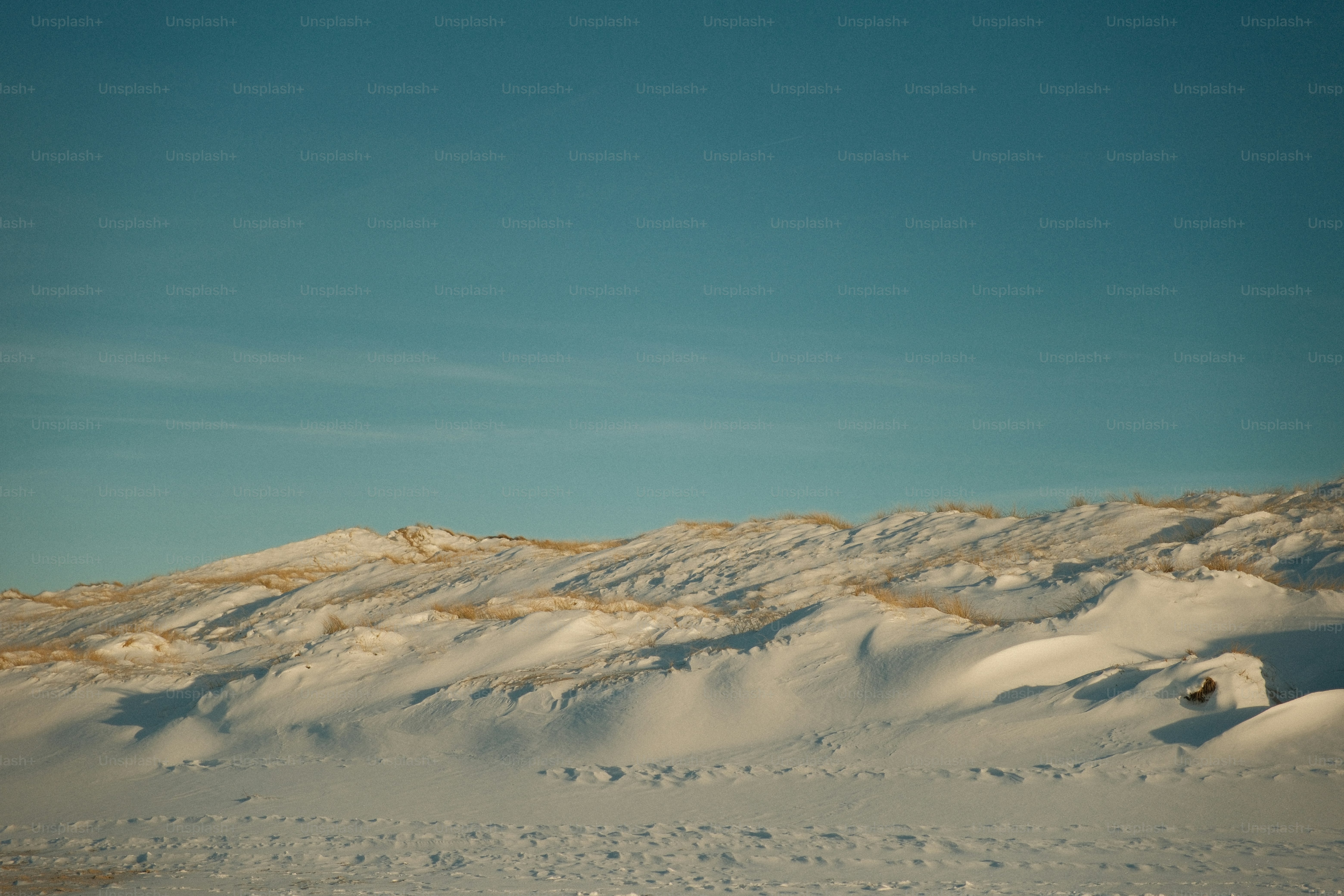 Snow covered sand dunes under a clear blue sky