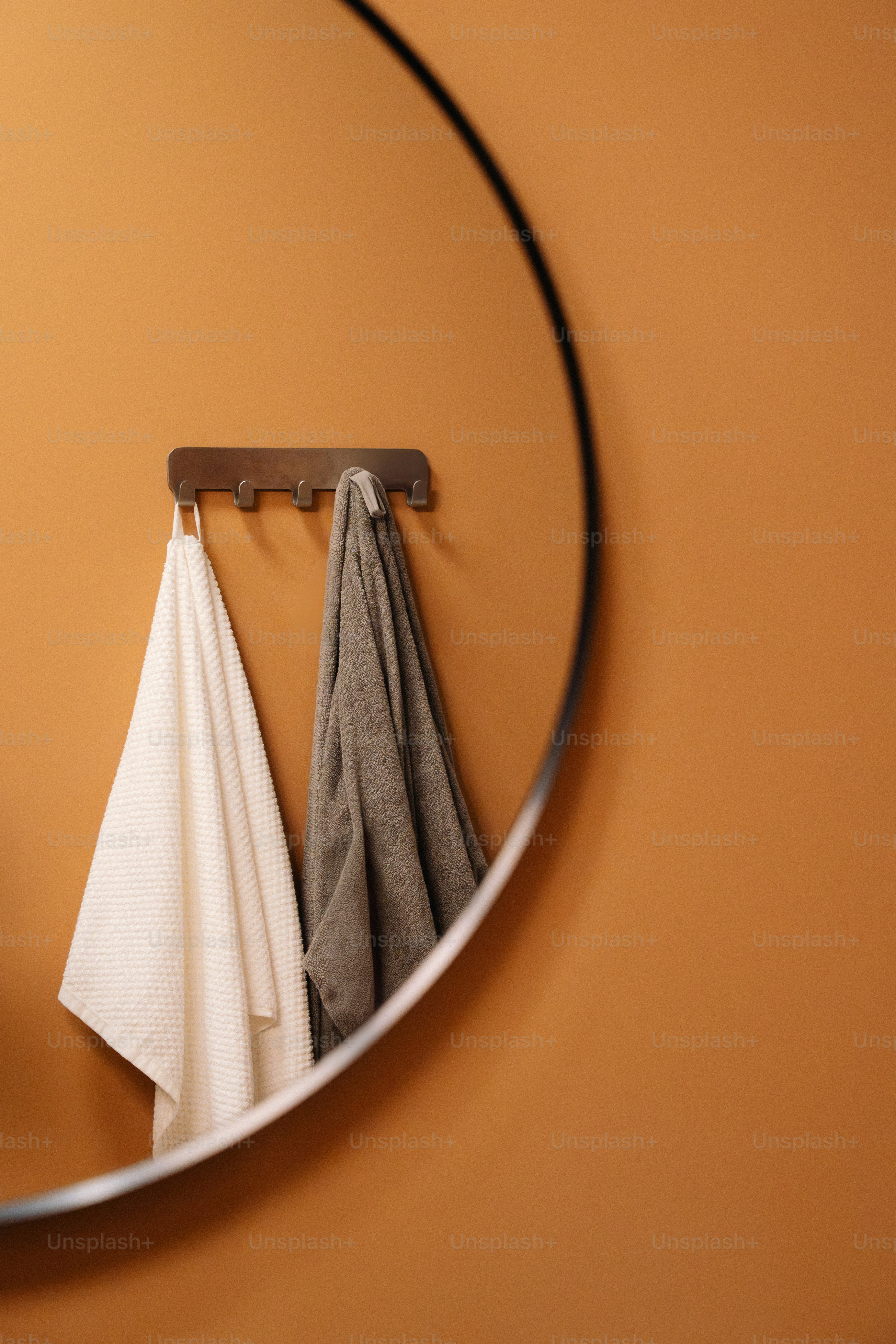Two towels hanging on a hook in front of mirror