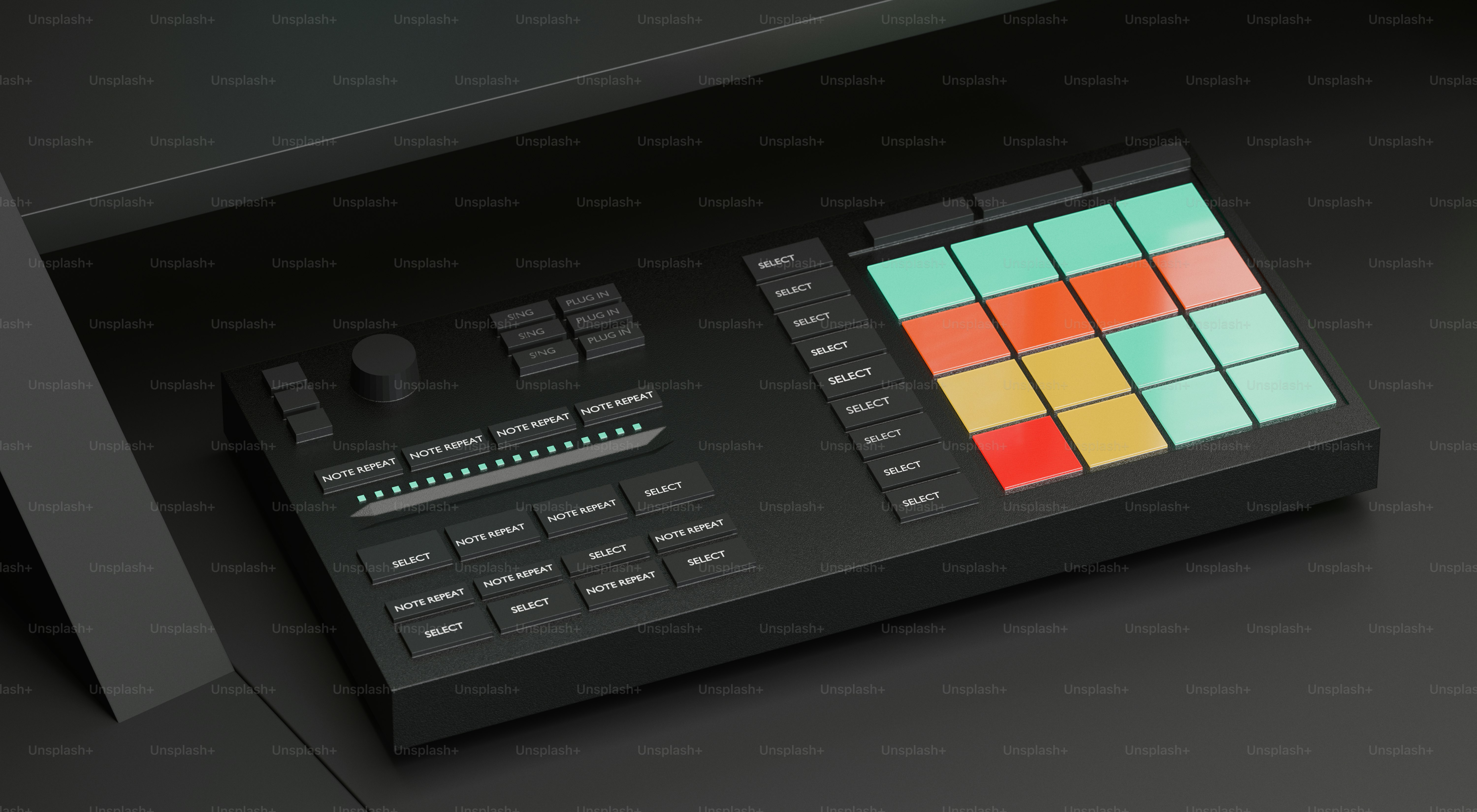 A black music production controller with illuminated pads.