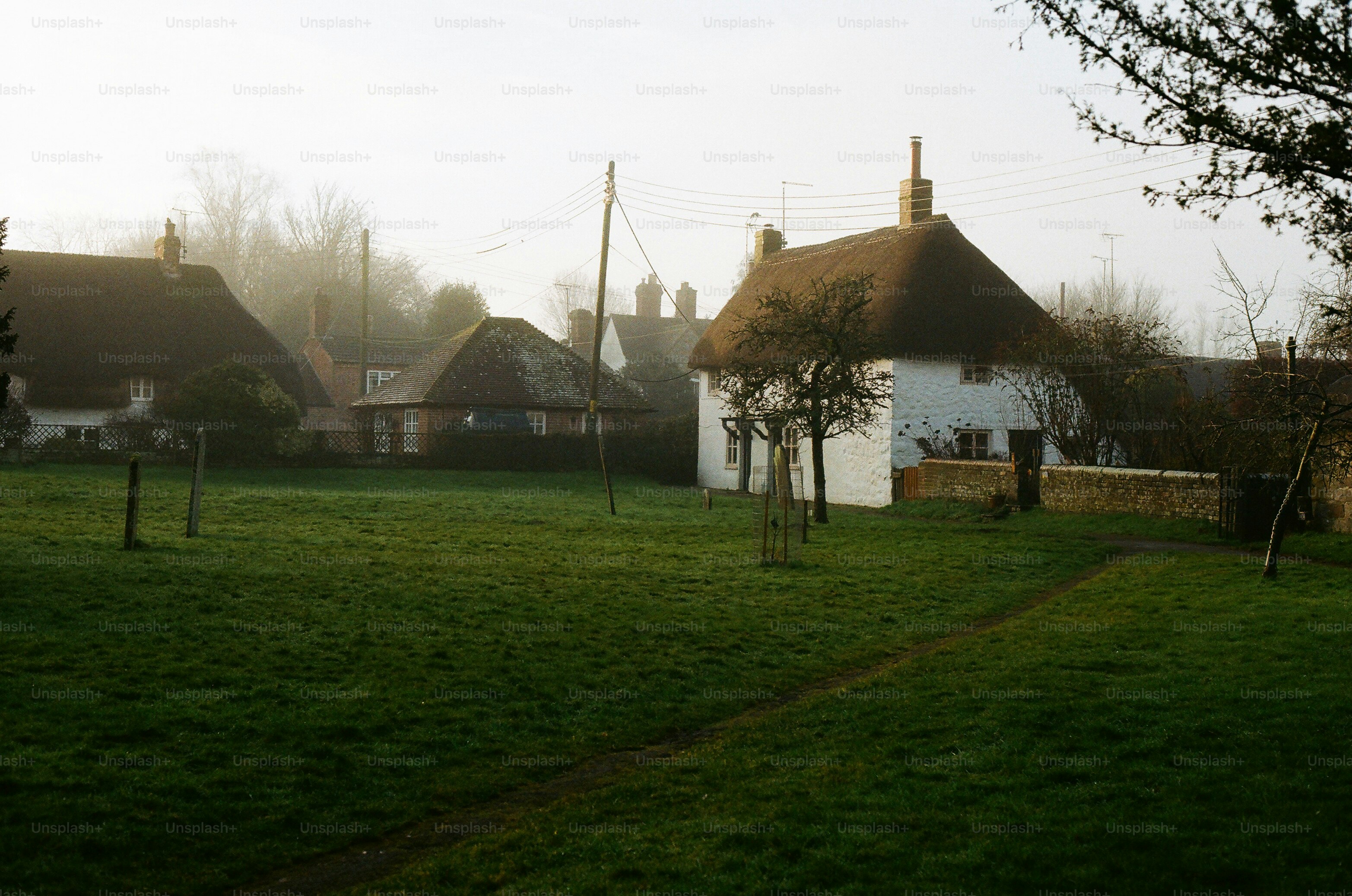 Thatched roof cottages in a misty rural village setting.