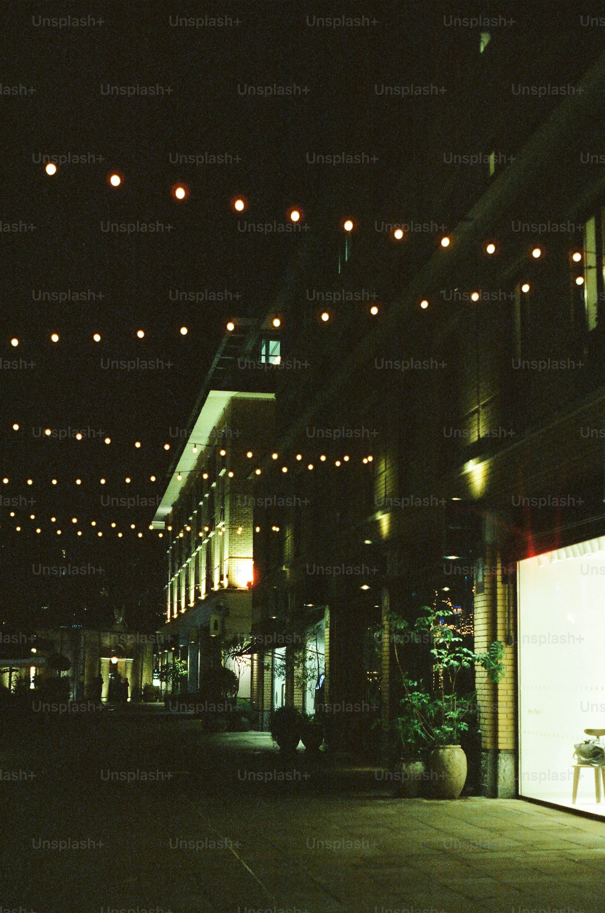 String lights illuminate a building at night.