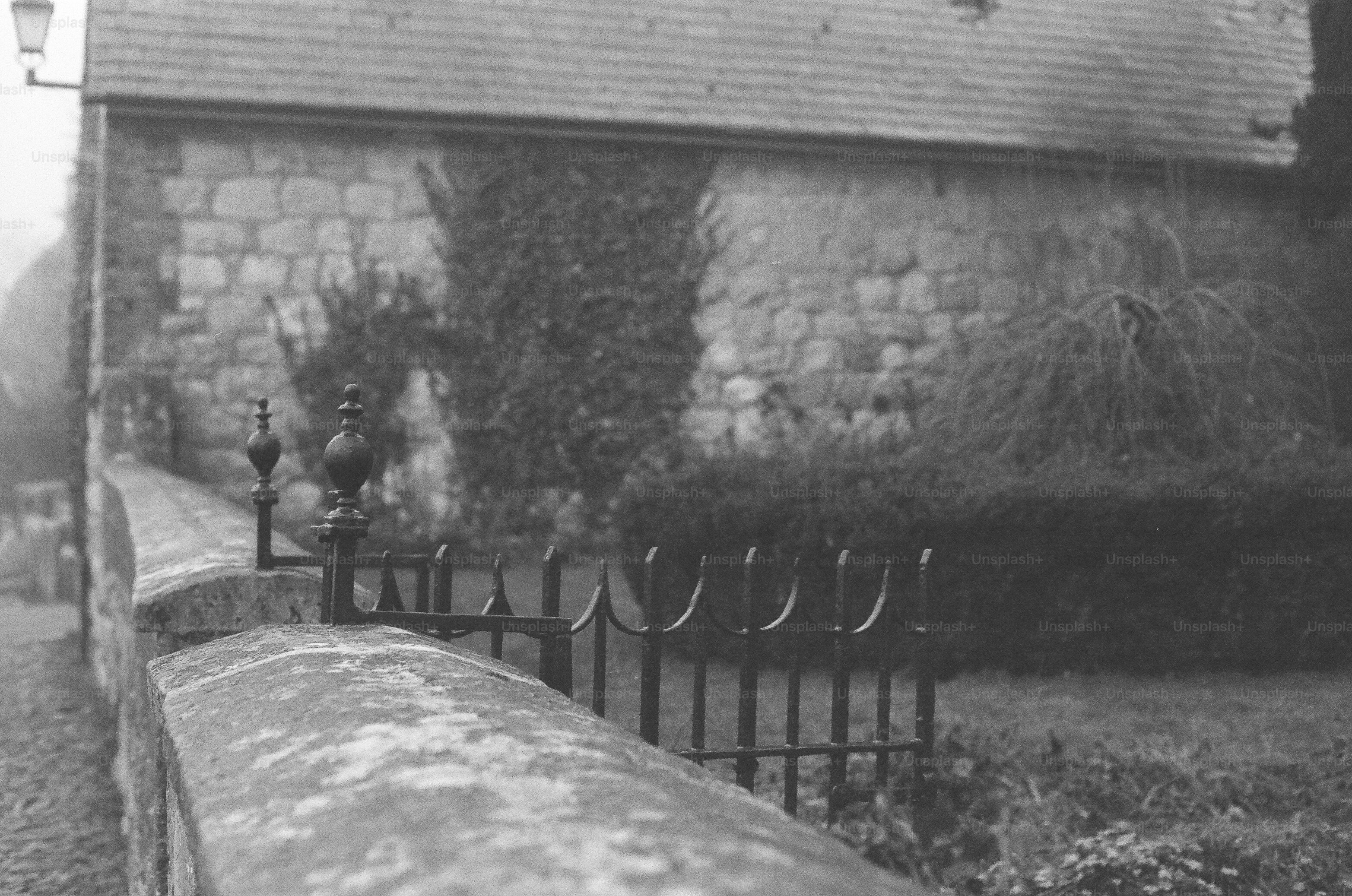 Stone building with ivy and wrought iron fence
