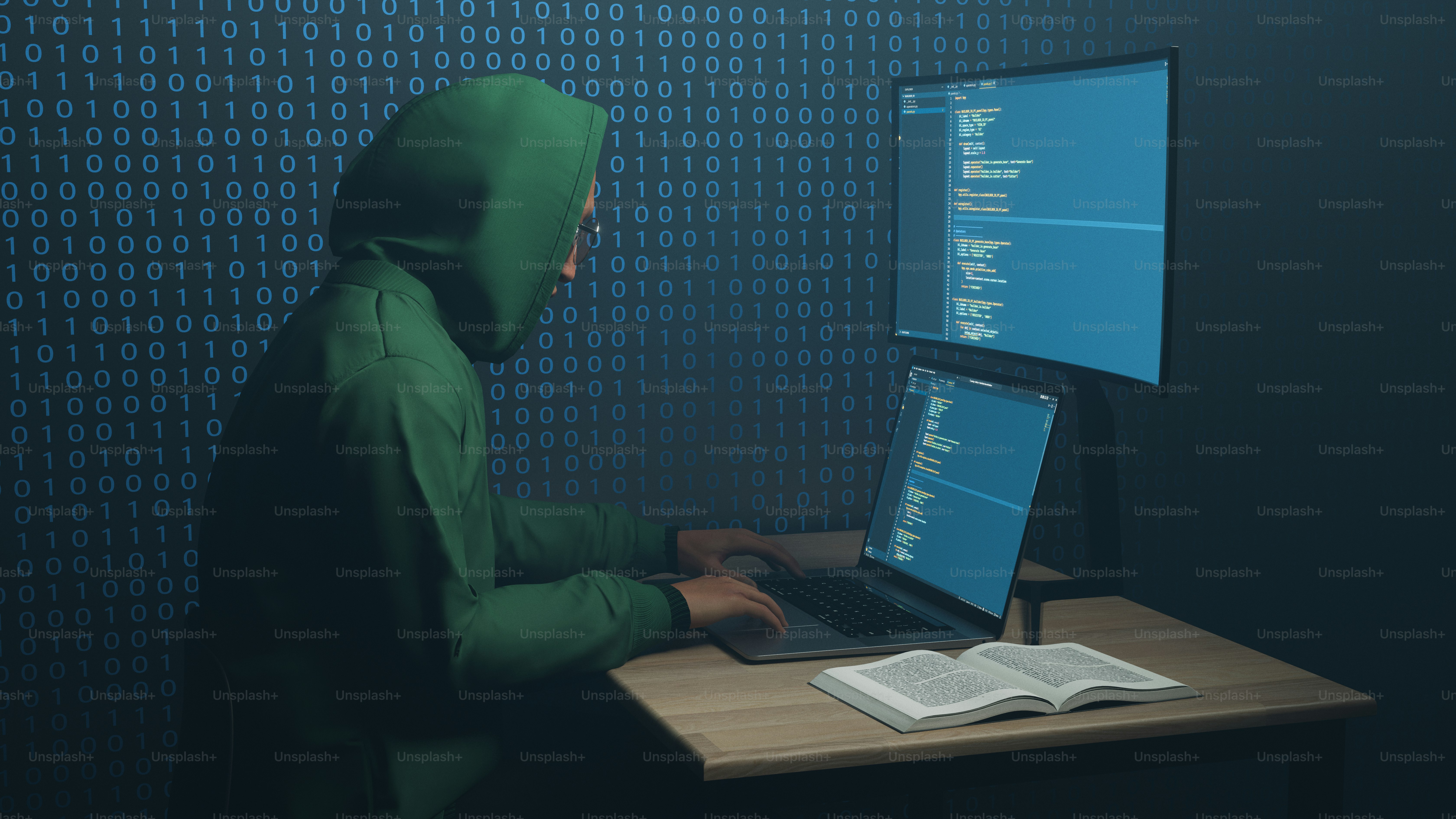 Person in green hoodie coding on multiple computer screens.
