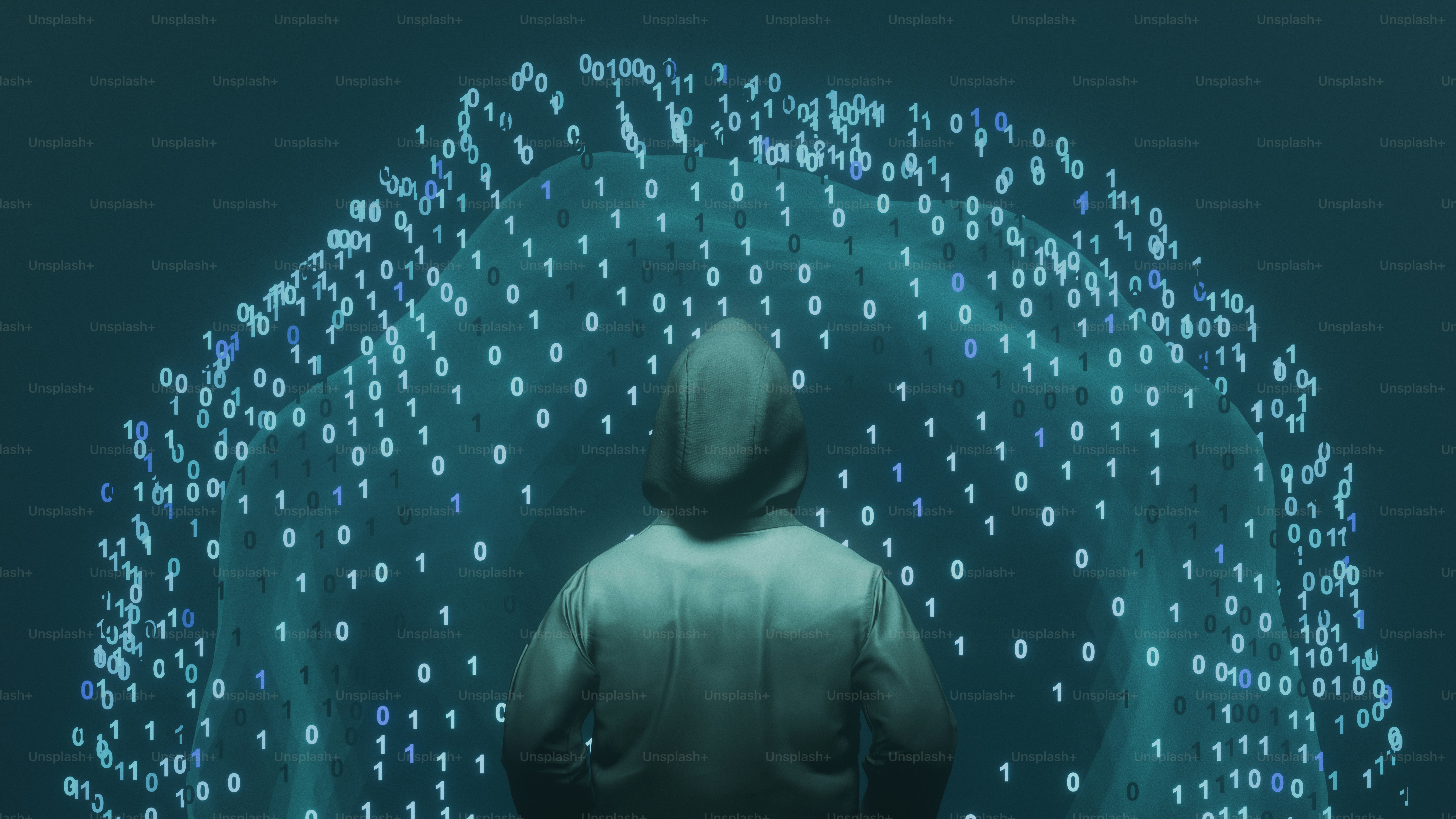 Person in hood facing glowing digital sphere with binary code.
