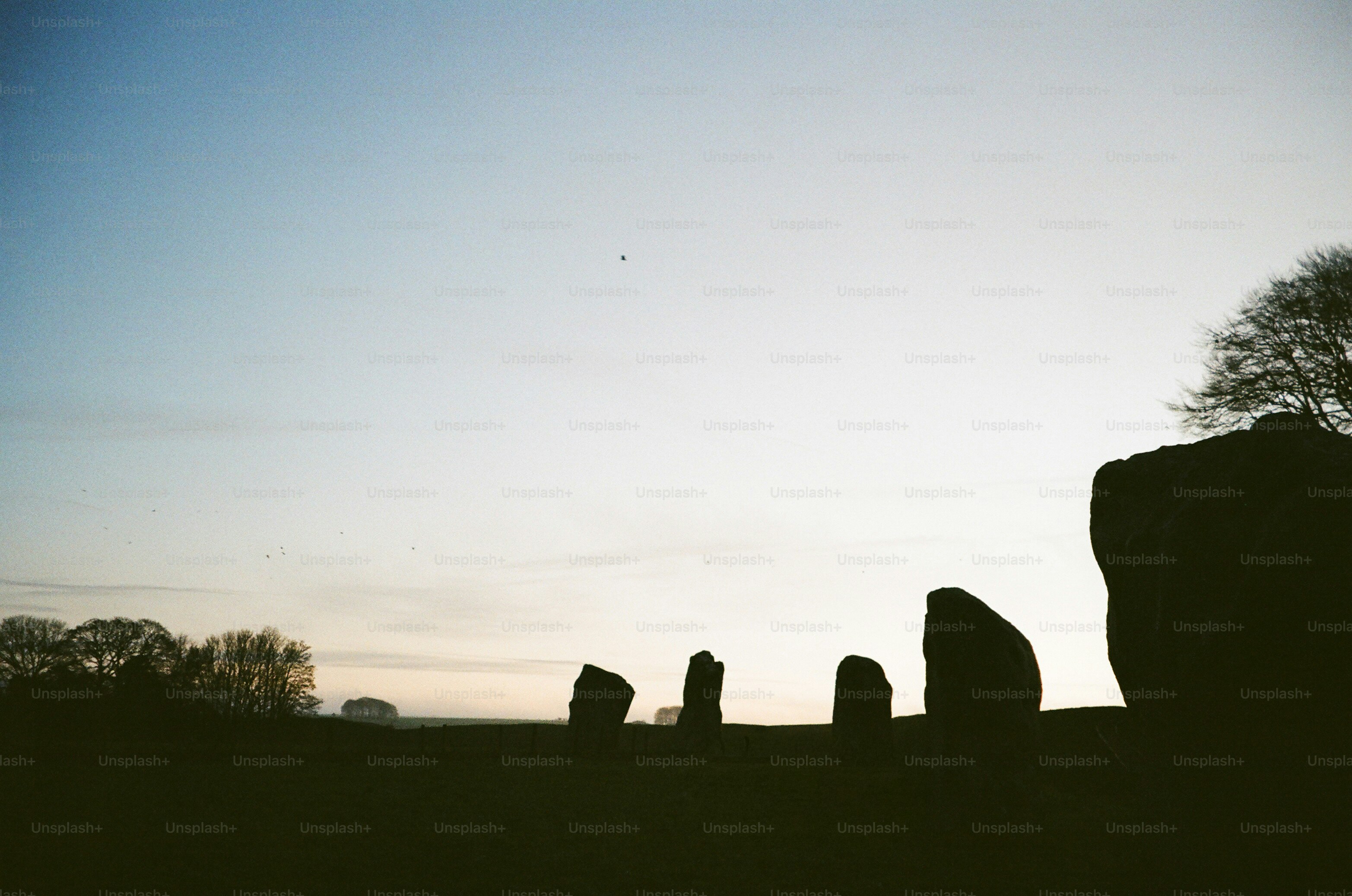 Standing stones silhouetted against a pale sky at dusk