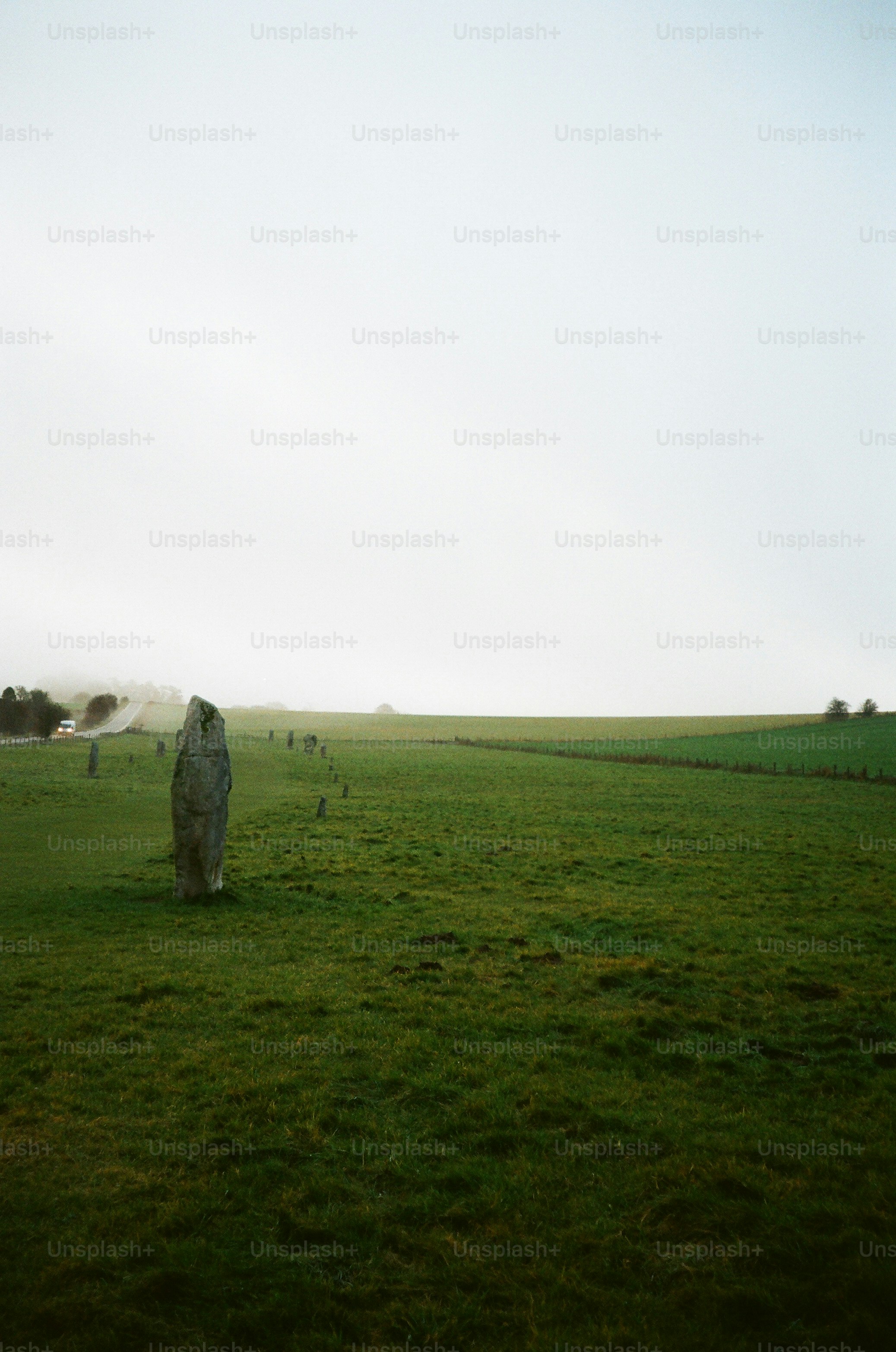 Standing stone in a grassy field with fog