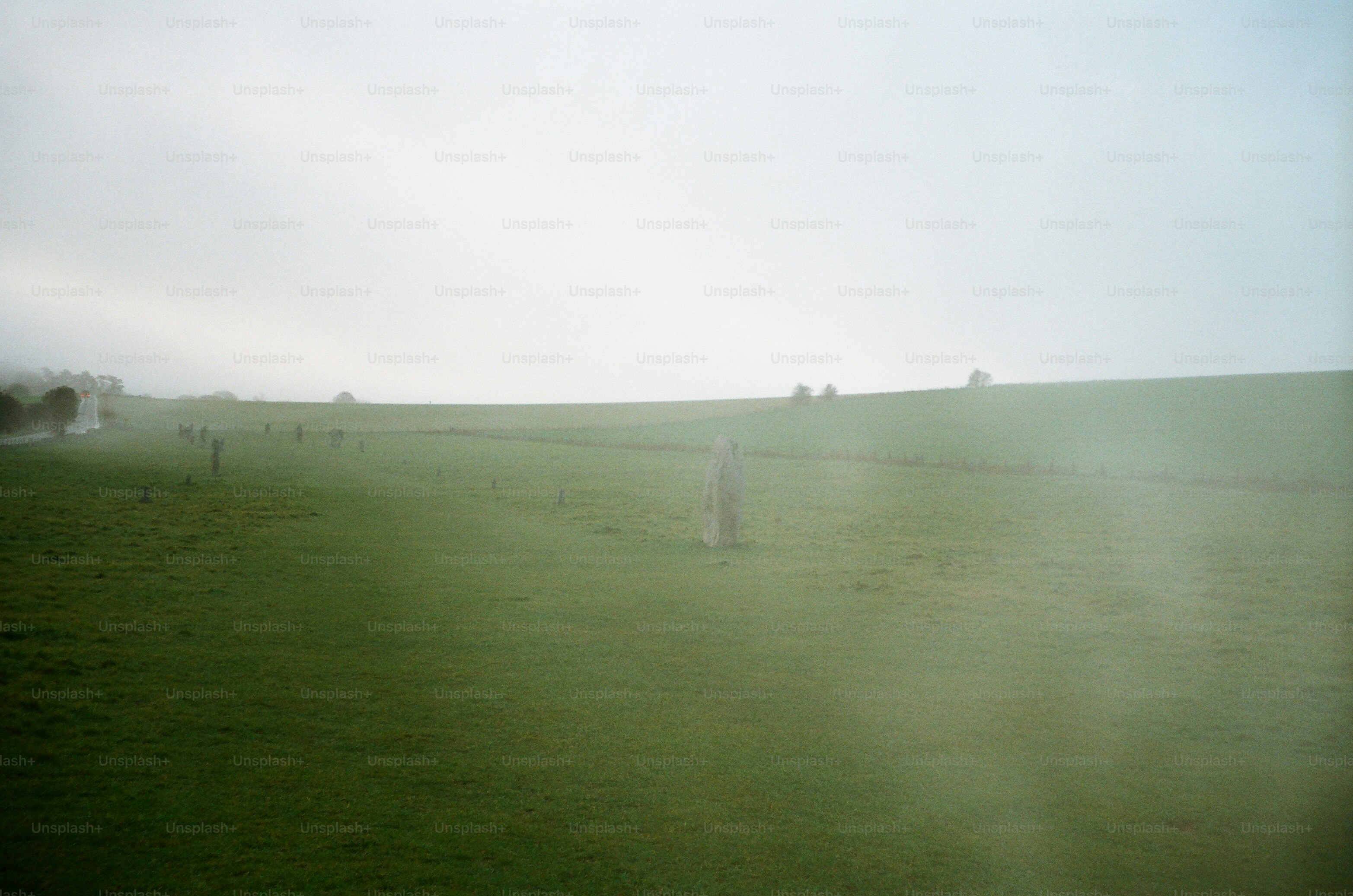Green rolling hills under a foggy sky