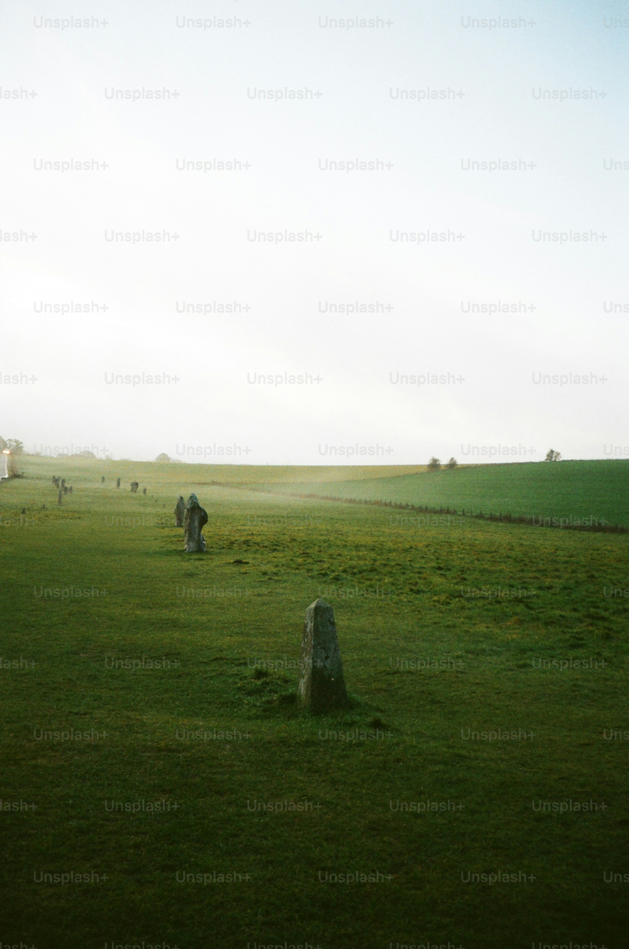 Standing stones in a misty green field