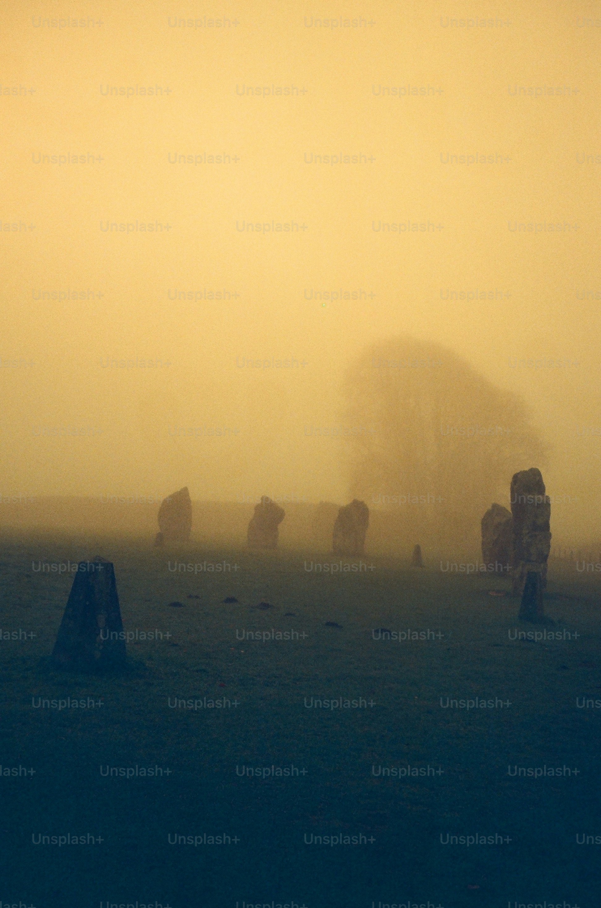 Misty morning over ancient standing stones