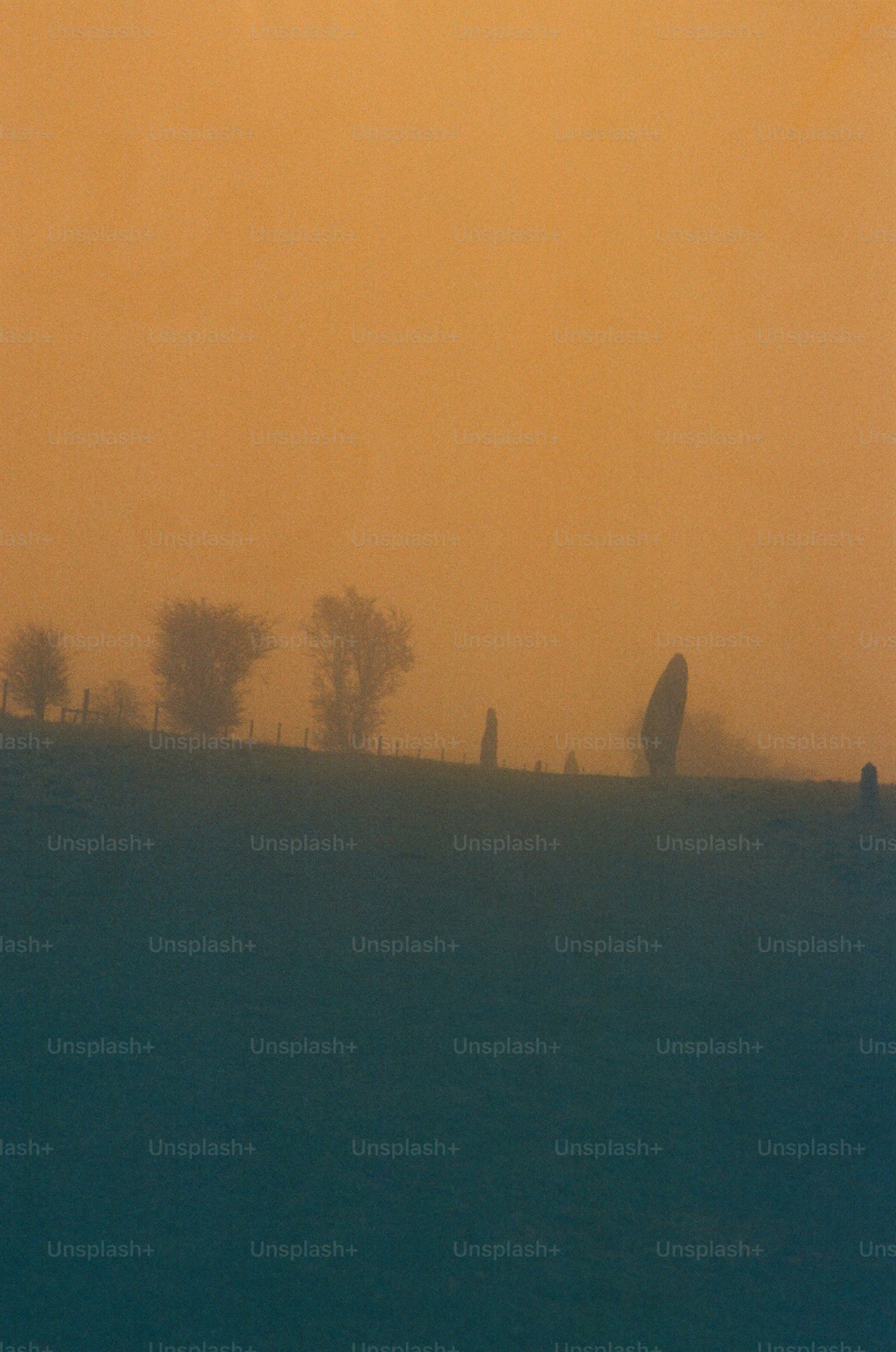 Misty field with trees and standing stone at sunset