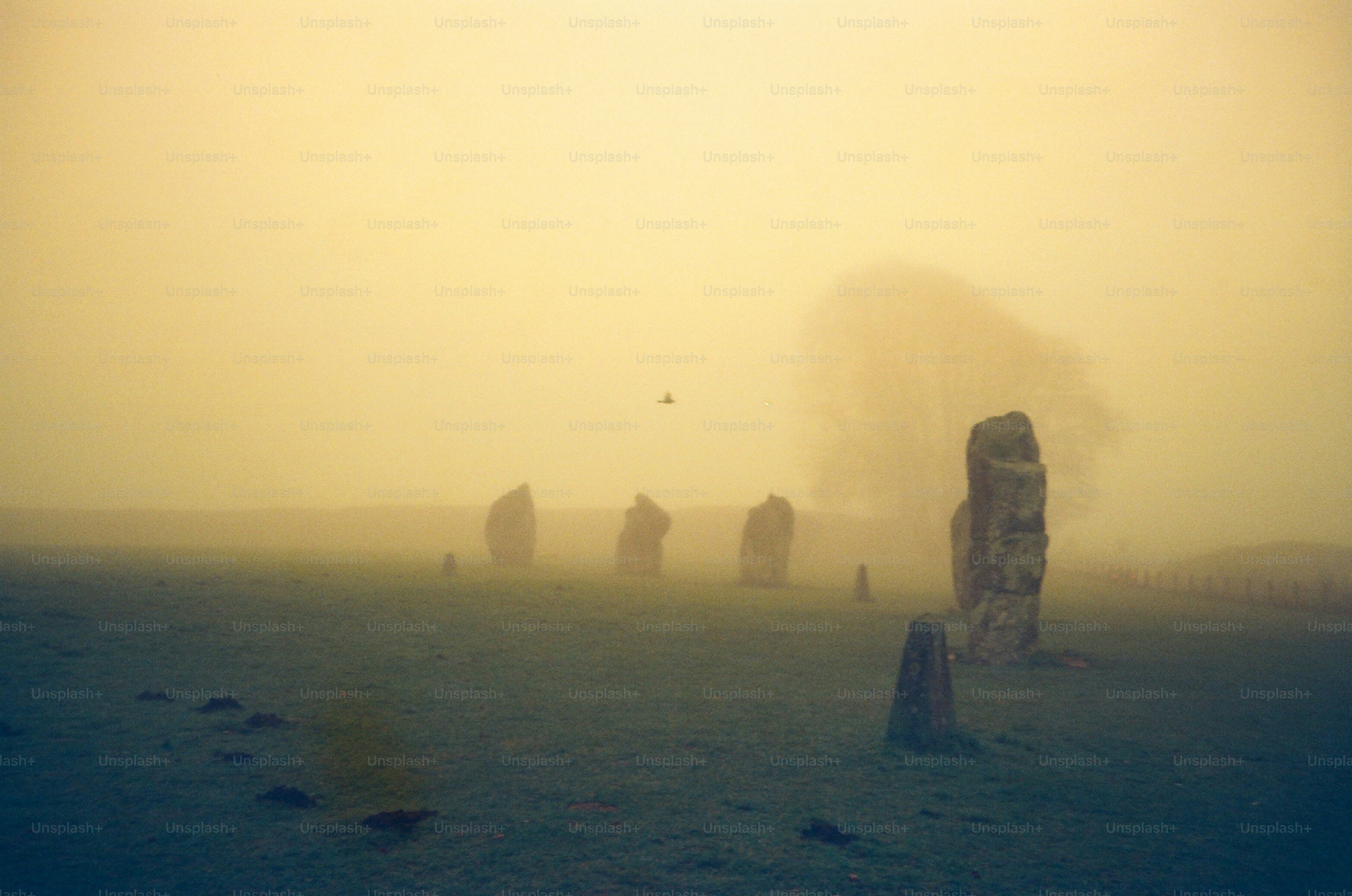 Misty field with ancient standing stones at dawn.