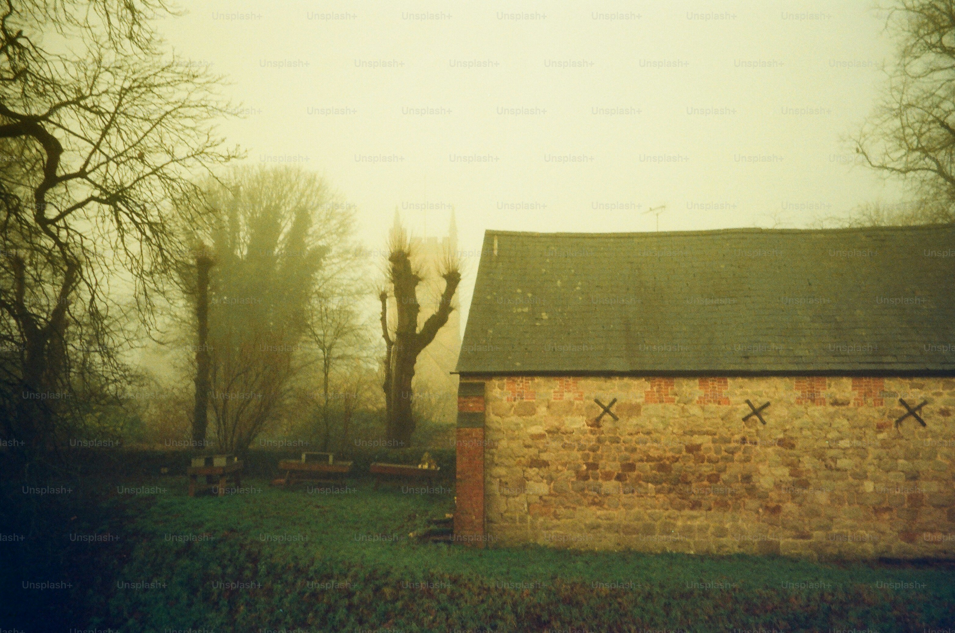 A brick building in a foggy, bare tree landscape.