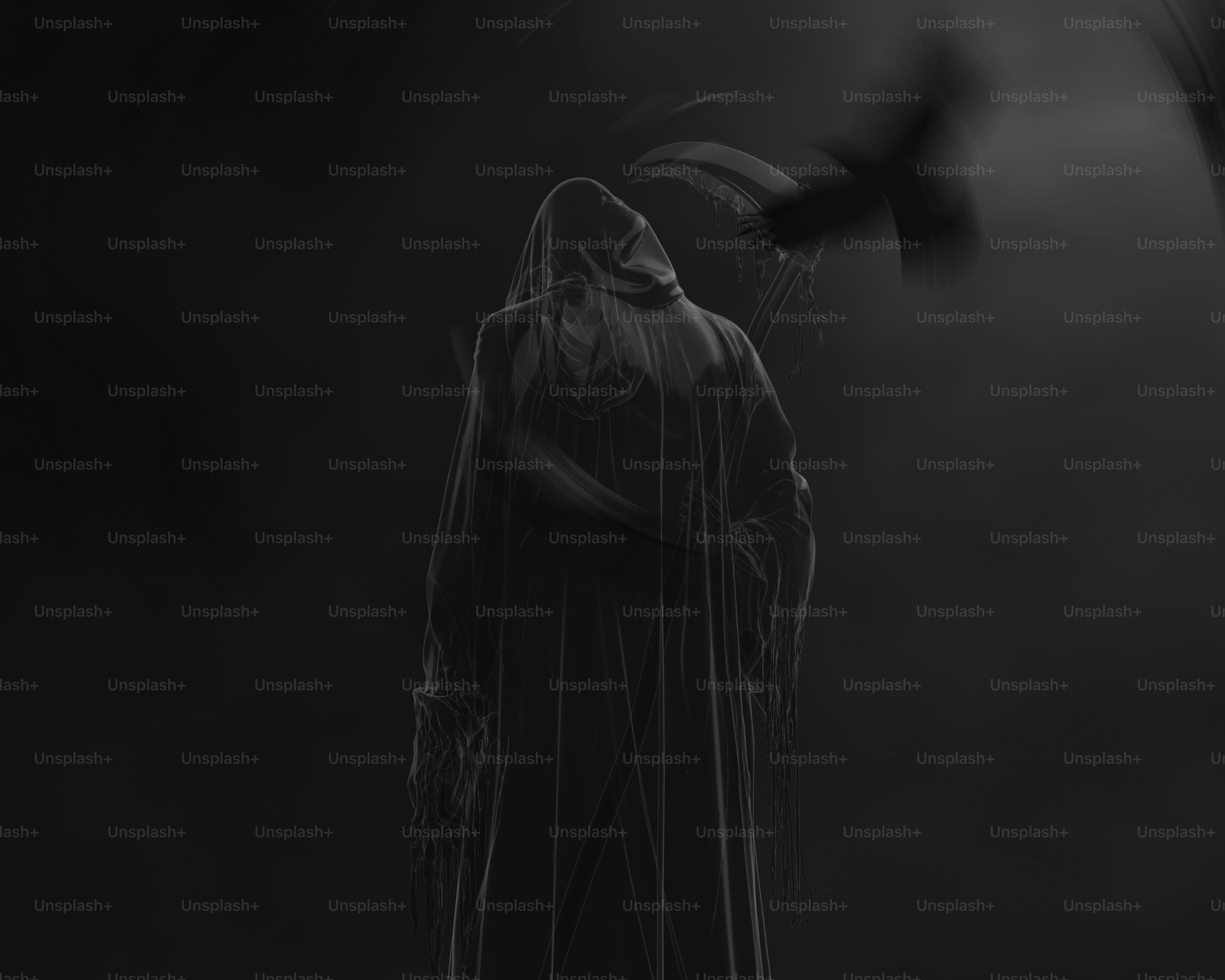 A hooded figure stands in darkness with a bird flying.