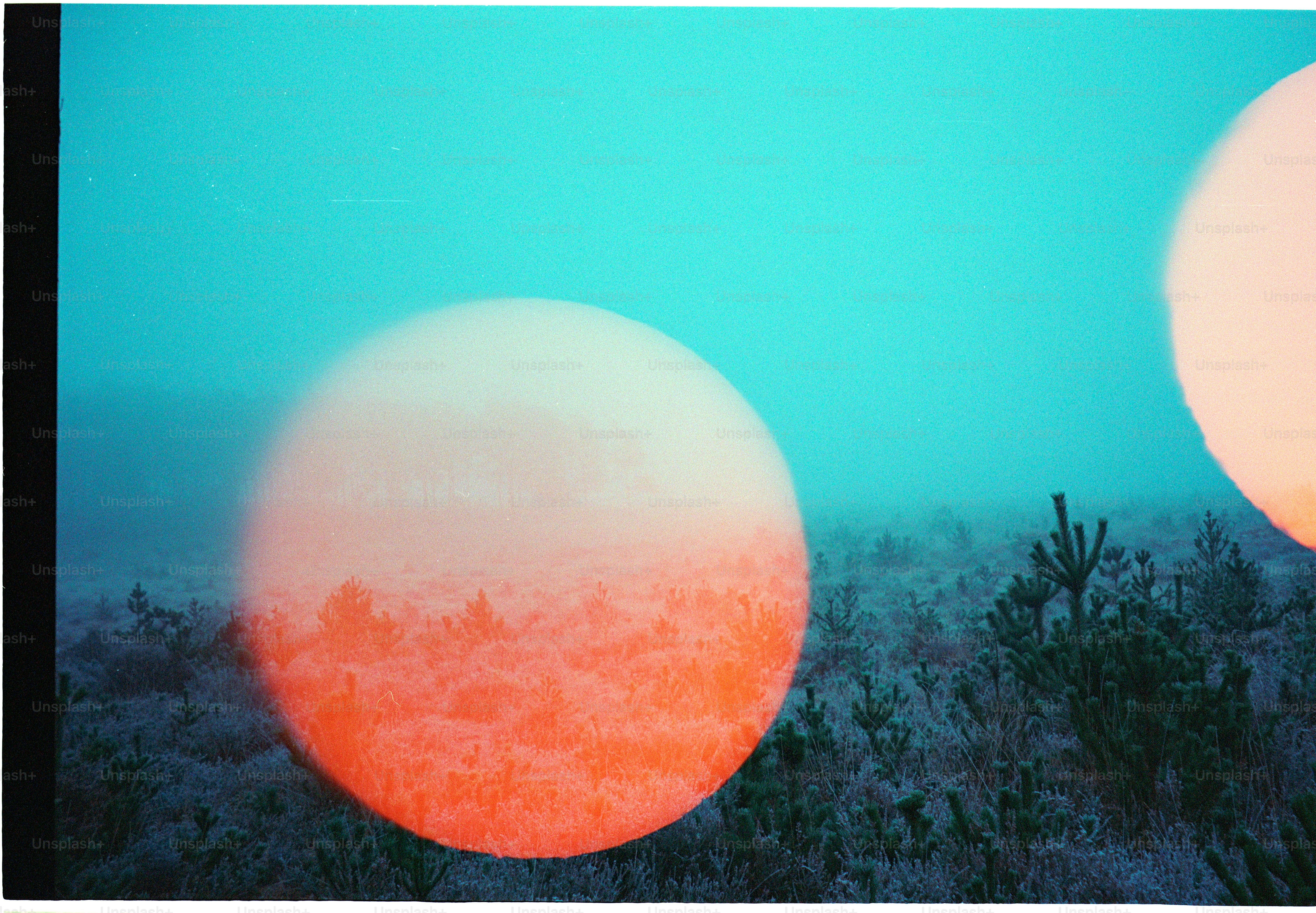 Due sfere astratte si sovrappongono a un paesaggio nebbioso.