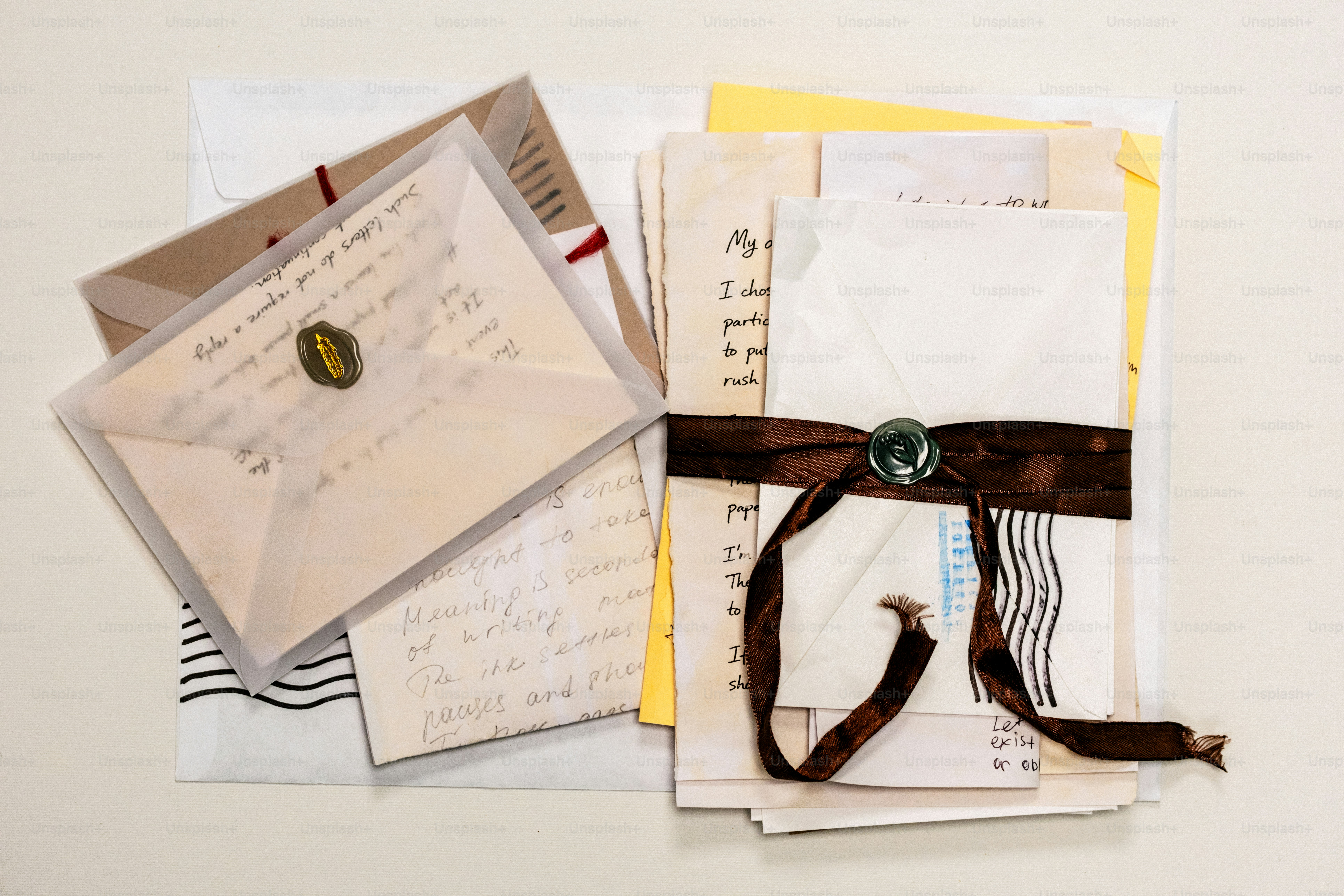 Pila di vecchie lettere legate con un nastro marrone