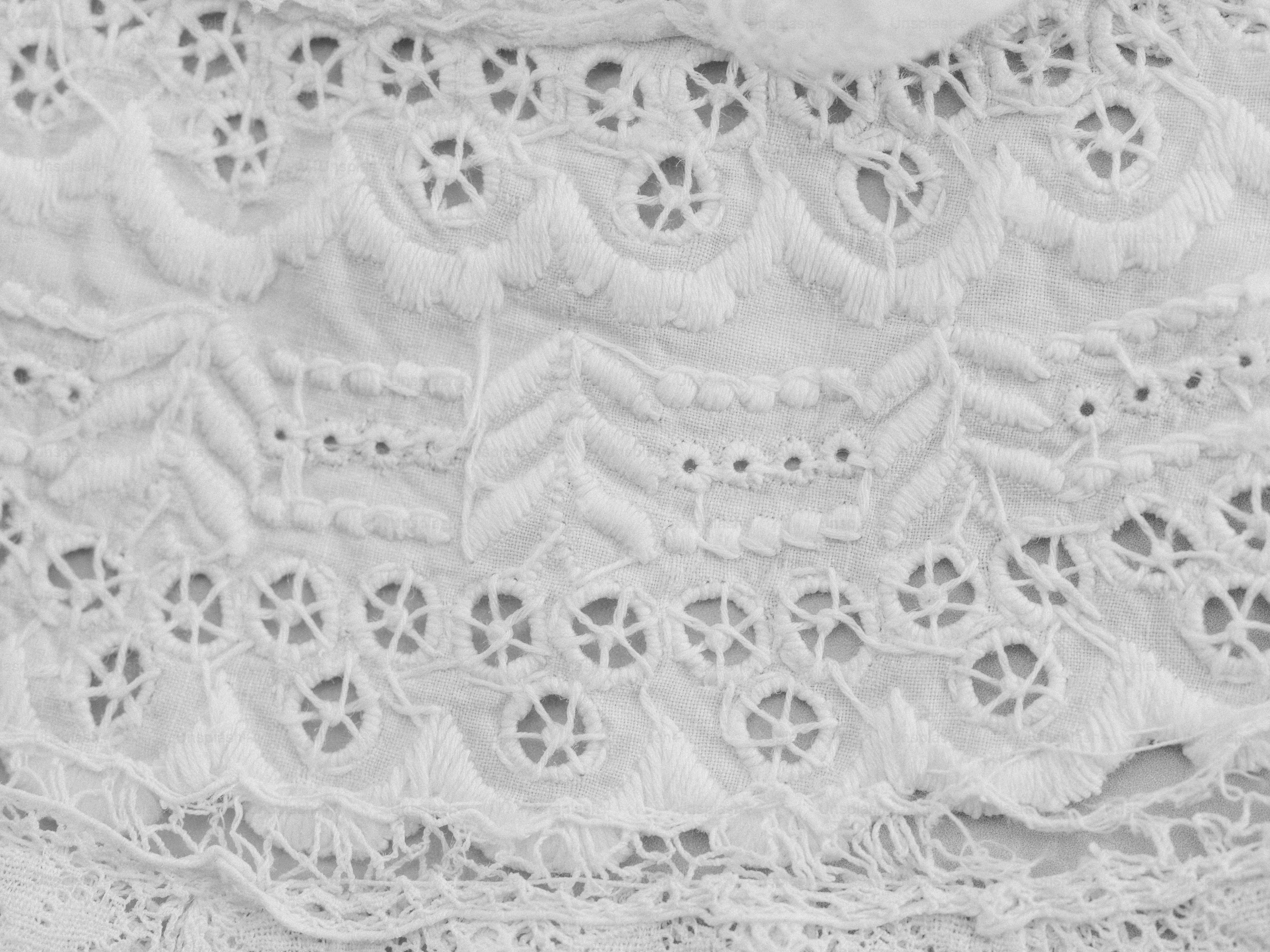 Close-up of white eyelet lace fabric with floral patterns.