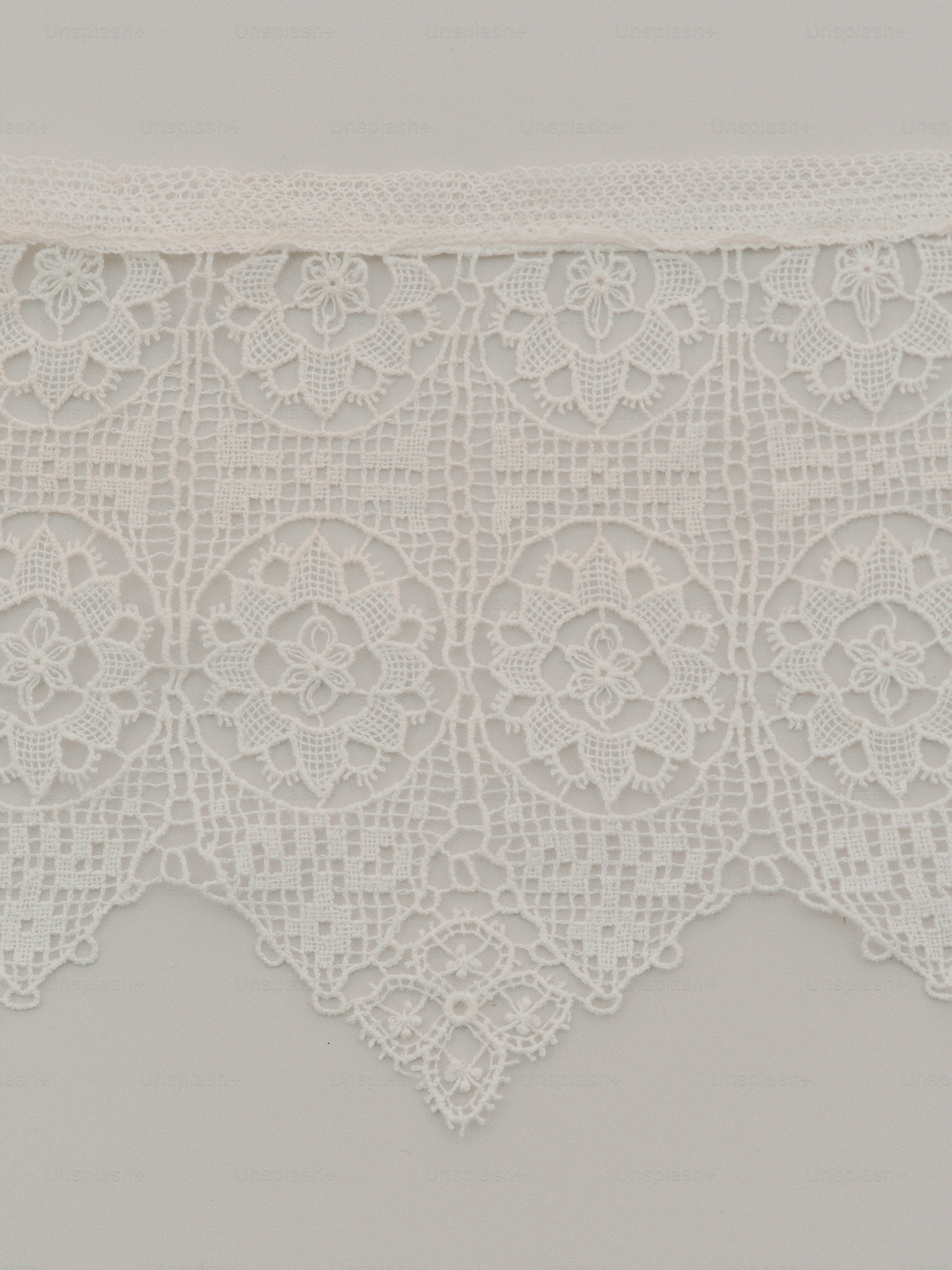Close-up of delicate white lace trim with circular patterns.