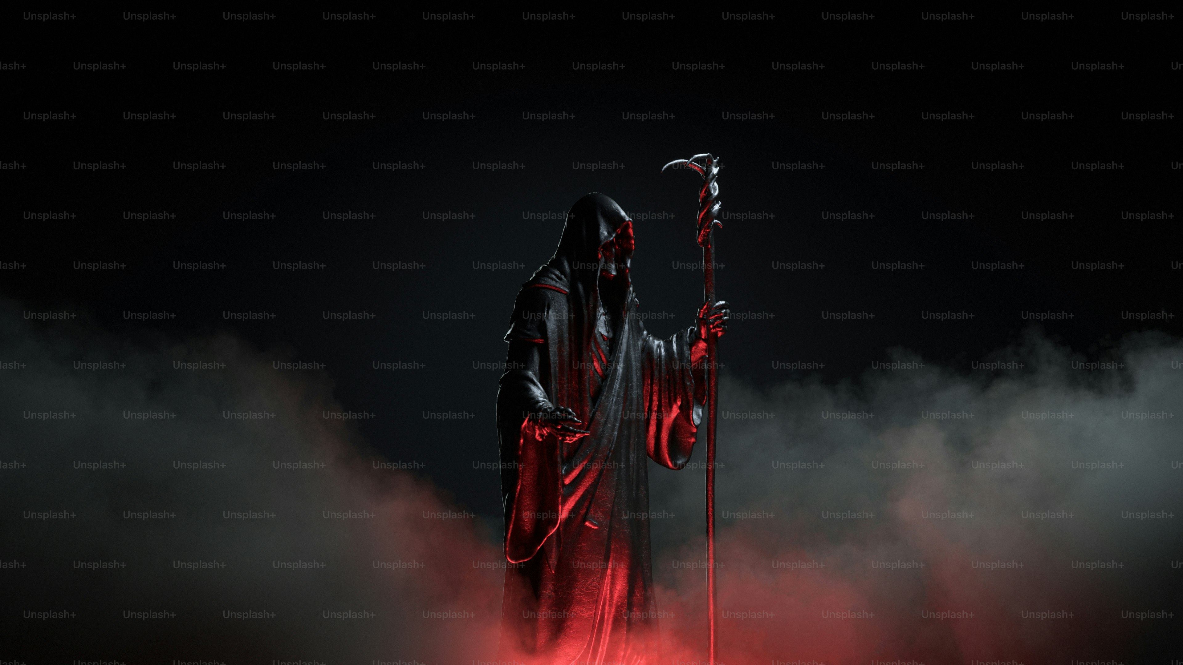 死神の姿が赤と黒の煙の中に立っている。