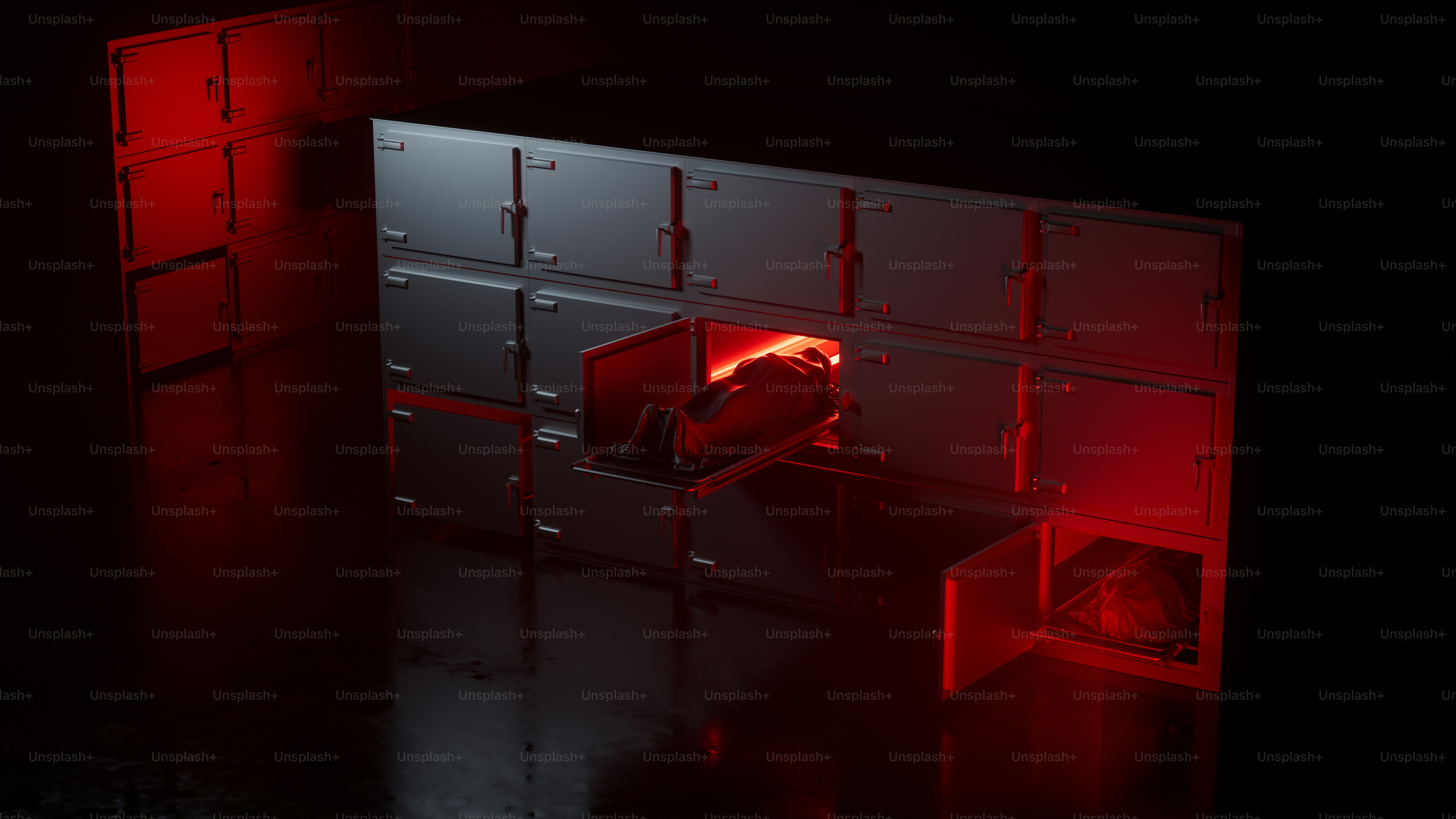 赤く光る光と金属パネルが灯る暗い部屋。